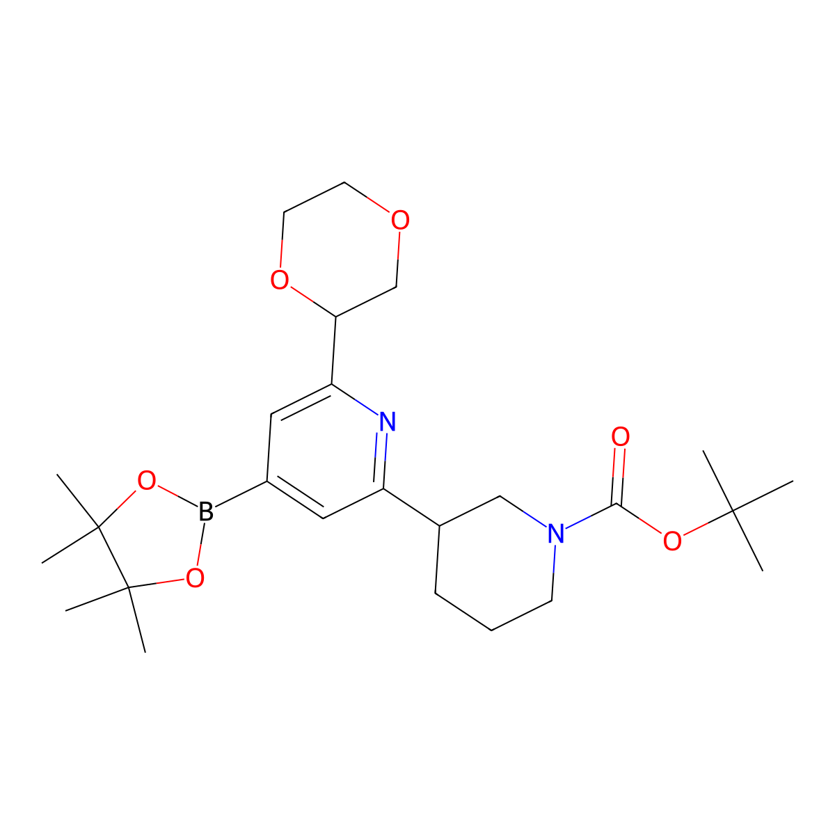 2-(N-Boc-Piperidin-3-yl)-6-(1,4-dioxan-2-yl)pyridine-4-boronic acid pinacol ester molecular structure, CAS 2223004-55-3