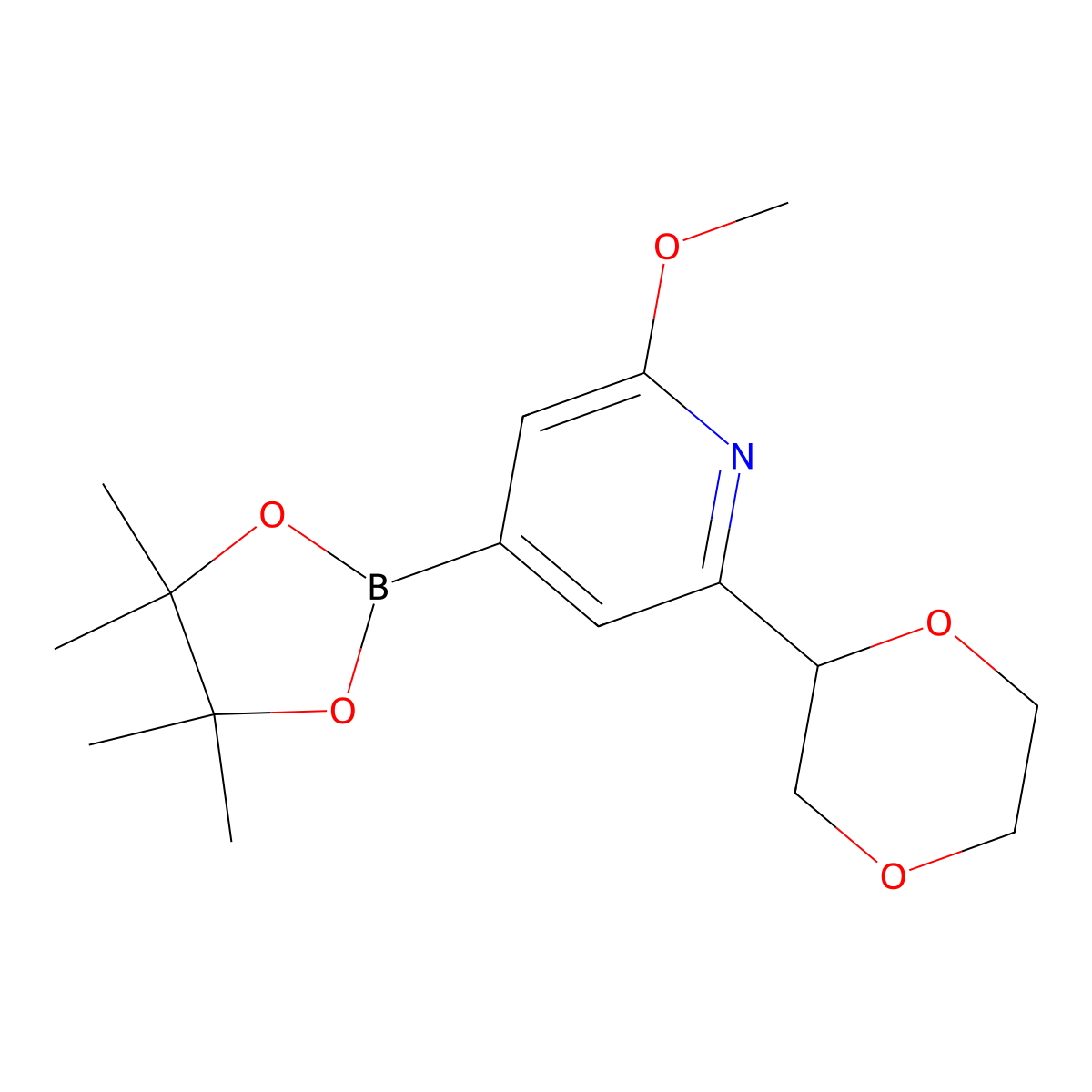 2-Methoxy-6-(1,4-dioxan-2-yl)pyridine-4-boronic acid pinacol ester molecular structure, CAS 2223004-66-6