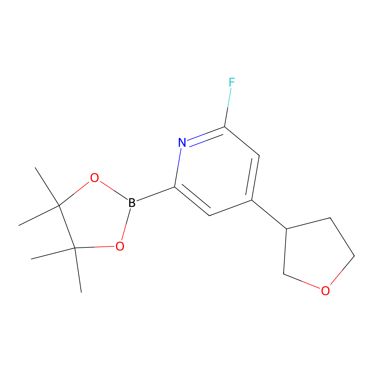 2-Fluoro-4-(tetrahydrofuran-3-yl)-6-(4,4,5,5-tetramethyl-1,3,2-dioxaborolan-2-yl)pyridine molecular structure, CAS 2223005-23-8