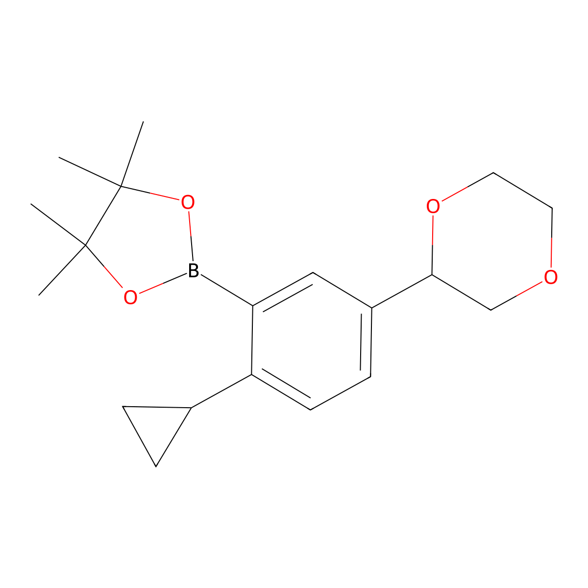 2-(2-Cyclopropyl-5-(1,4-dioxan-2-yl)phenyl)-4,4,5,5-tetramethyl-1,3,2-dioxaborolane molecular structure, CAS 2223005-29-4