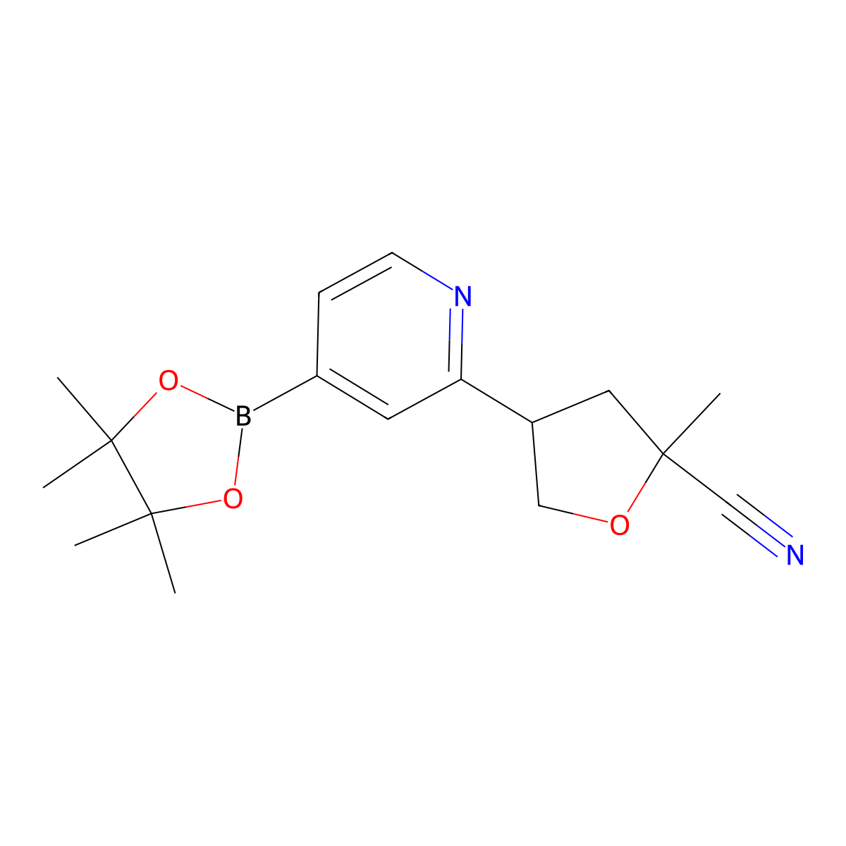 2-[(5'-Methyl-5'-cyano)tetrahydrofuran-3-yl]pyridine-4-boronic acid pinacol ester molecular structure, CAS 2223005-44-3