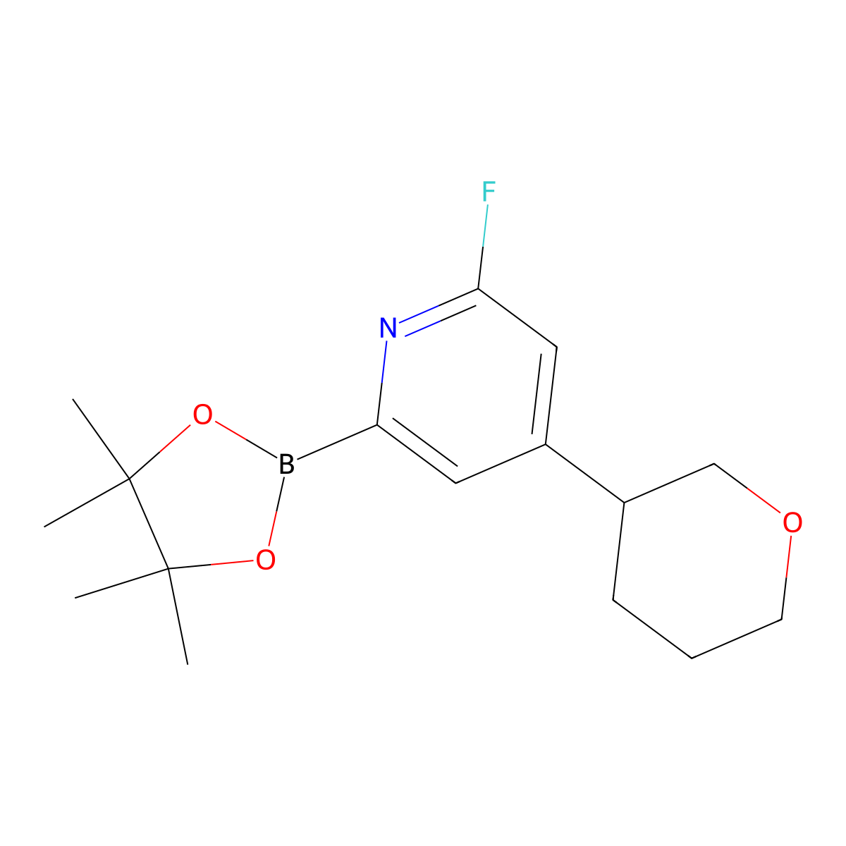 2-Fluoro-4-(tetrahydro-2H-pyran-3-yl)-6-(4,4,5,5-tetramethyl-1,3,2-dioxaborolan-2-yl)pyridine molecular structure, CAS 2223005-53-4