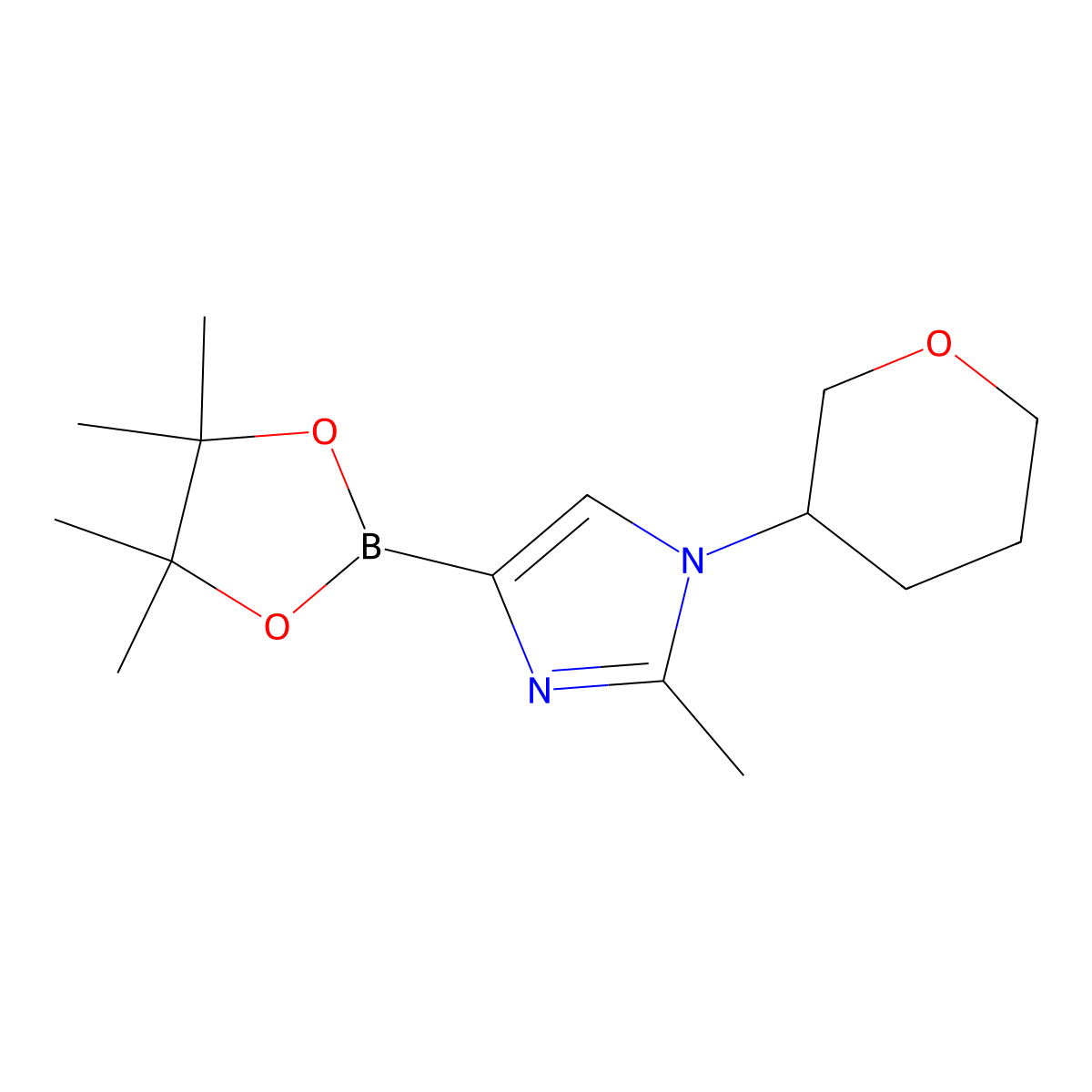 2-methyl-1-(tetrahydro-2H-pyran-3-yl)-4-(4,4,5,5-tetramethyl-1,3,2-dioxaborolan-2-yl)-1H-imidazole molecular structure, CAS 2223005-64-7