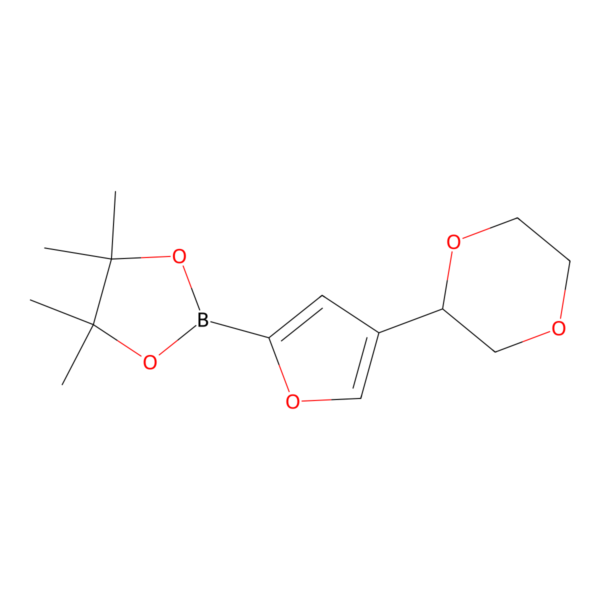 2-(4-(1,4-Dioxan-2-yl)furan-2-yl)-4,4,5,5-tetramethyl-1,3,2-dioxaborolane molecular structure, CAS 2223005-65-8