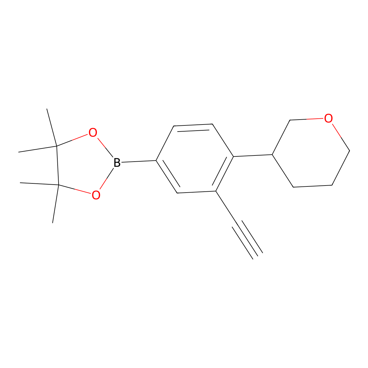 2-(3-ethynyl-4-(tetrahydro-2H-pyran-3-yl)phenyl)-4,4,5,5-tetramethyl-1,3,2-dioxaborolane molecular structure, CAS 2223005-77-2