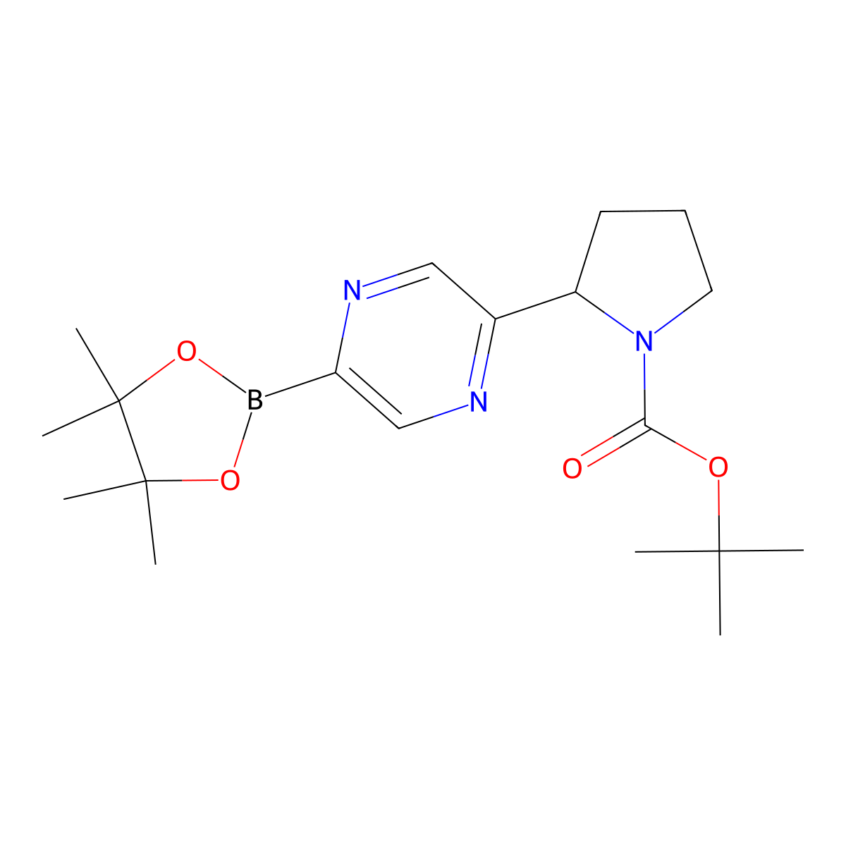 Tert-butyl 2-(5-(4,4,5,5-tetramethyl-1,3,2-dioxaborolan-2-yl)pyrazin-2-yl)pyrrolidine-1-carboxylate molecular structure, CAS 2223005-79-4