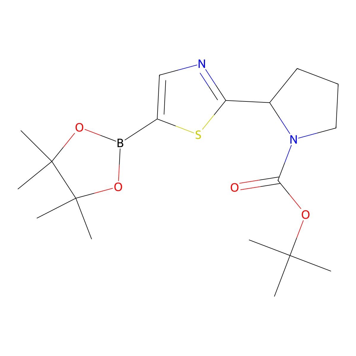 Tert-butyl 2-(5-(4,4,5,5-tetramethyl-1,3,2-dioxaborolan-2-yl)thiazol-2-yl)pyrrolidine-1-carboxylate molecular structure, CAS 2223005-89-6