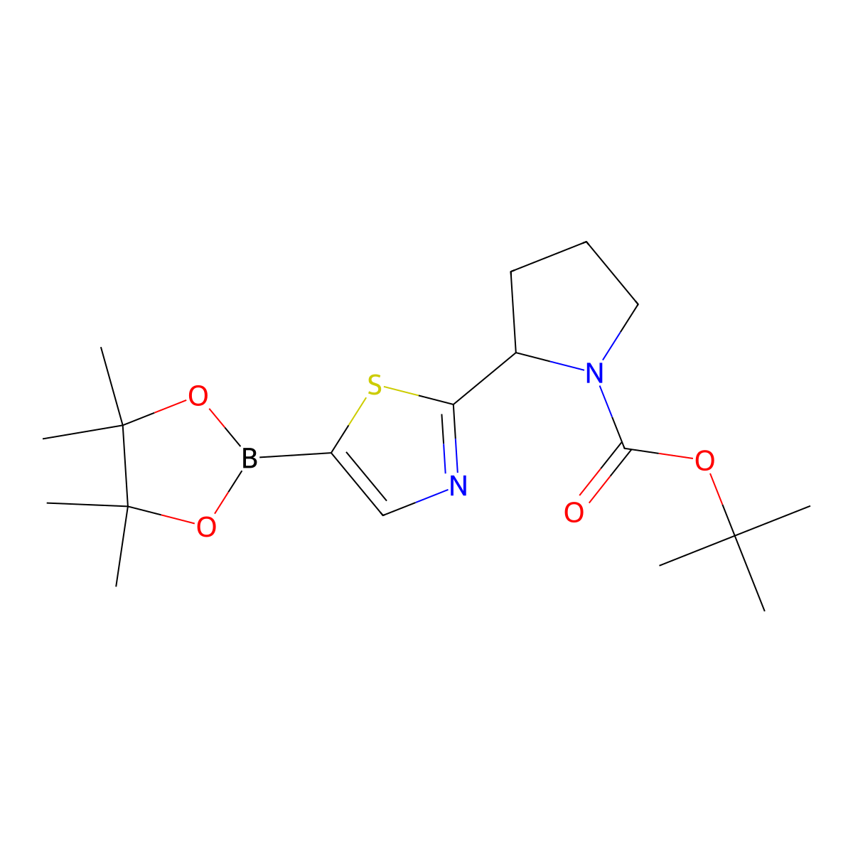 Tert-butyl 2-(5-(4,4,5,5-tetramethyl-1,3,2-dioxaborolan-2-yl)thiazol-2-yl)pyrrolidine-1-carboxylate molecular structure, CAS 2223005-89-6
