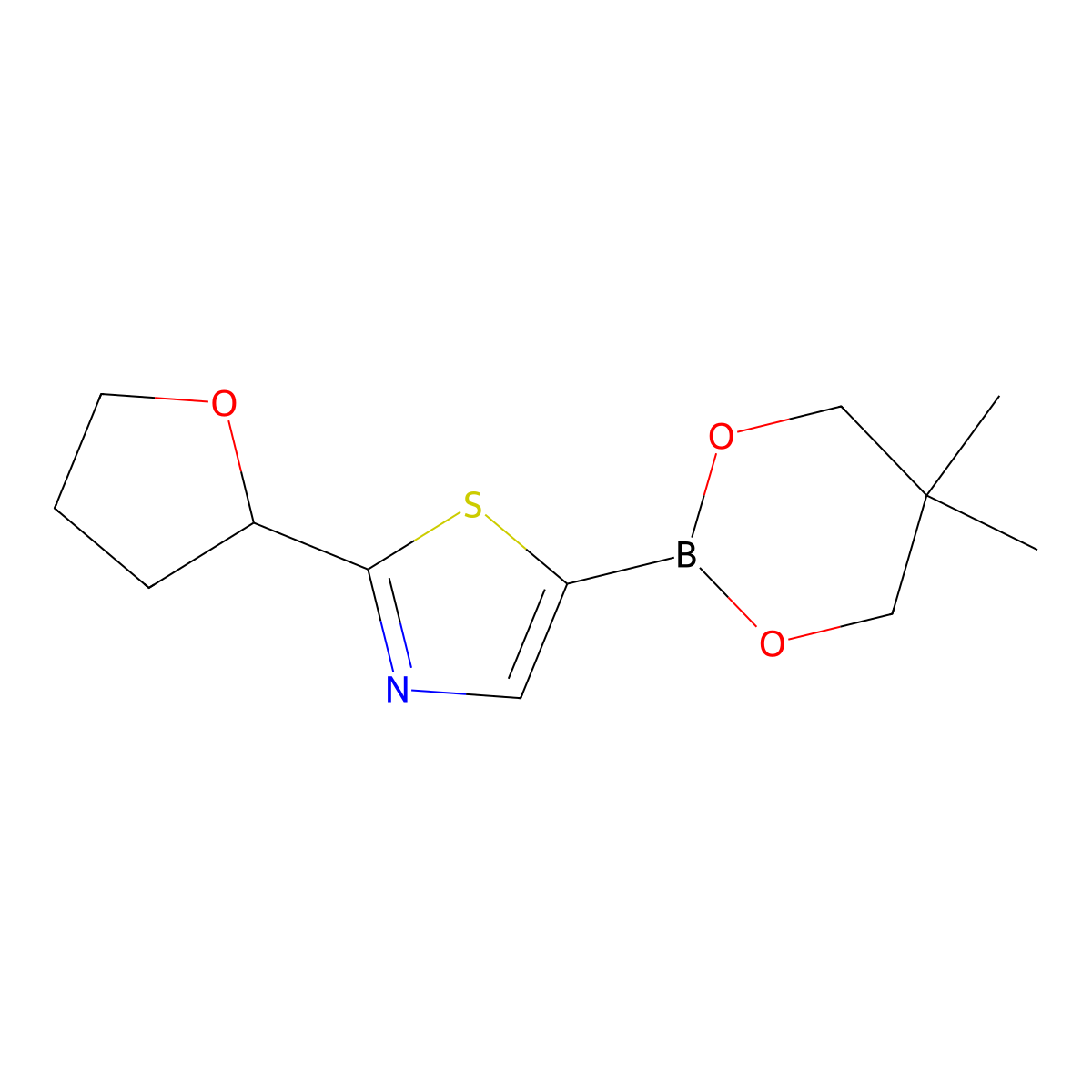 2-(Oxolan-2-yl)thiazole-5-boronic acid neopentylglycol ester molecular structure, CAS 2223006-01-5