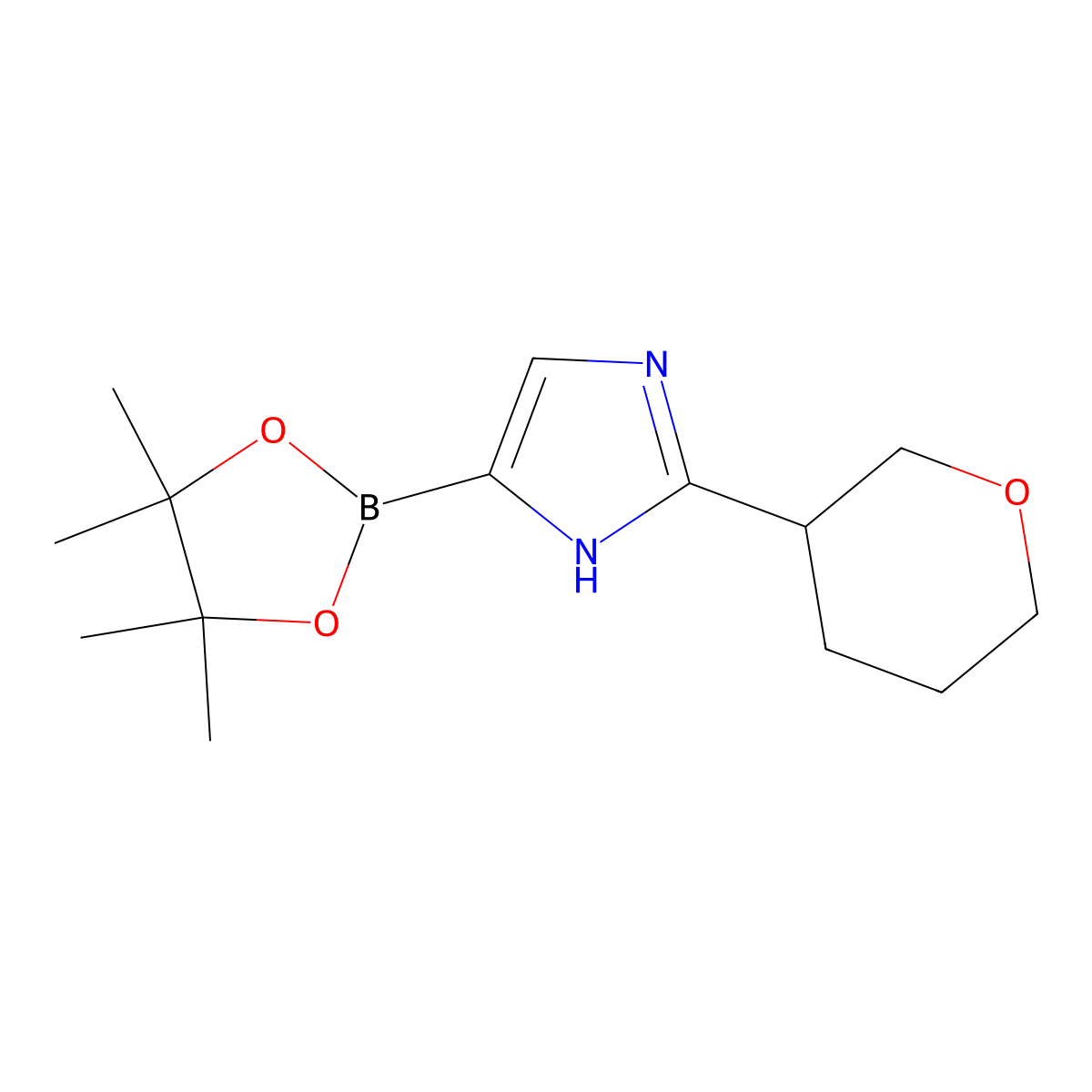 2-(tetrahydro-2H-pyran-3-yl)-4-(4,4,5,5-tetramethyl-1,3,2-dioxaborolan-2-yl)-1H-imidazole molecular structure, CAS 2223006-03-7