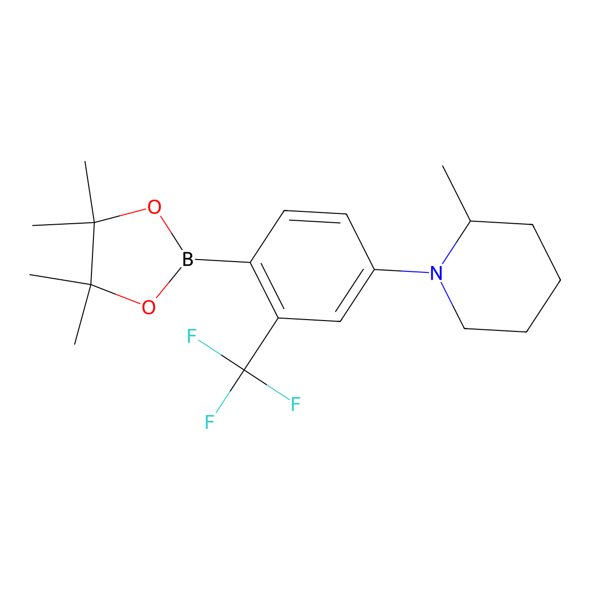 2-Trifluoromethyl-4-(2-methylpiperidin-1-yl)phenylboronic acid pinacol ester molecular structure, CAS 2223006-08-2