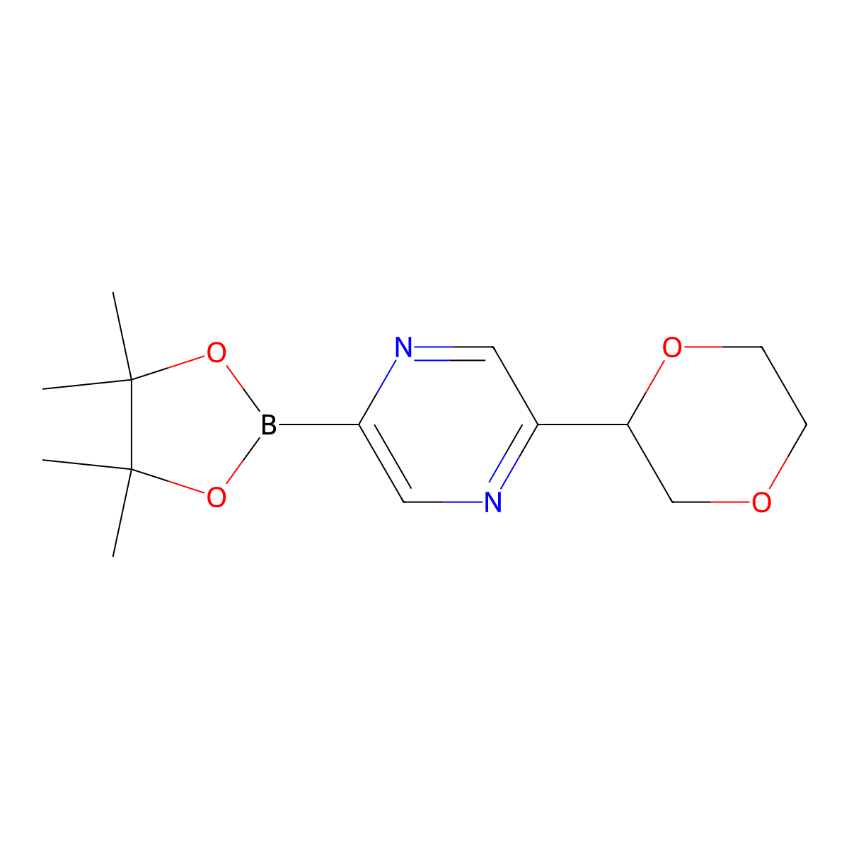 2-(1,4-Dioxan-2-yl)-5-(4,4,5,5-tetramethyl-1,3,2-dioxaborolan-2-yl)pyrazine molecular structure, CAS 2223006-13-9