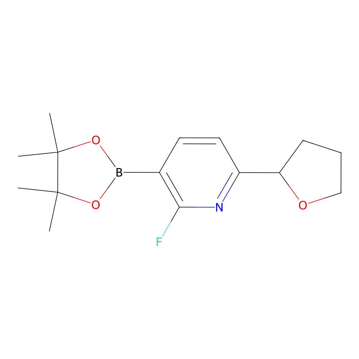 2-Fluoro-6-(oxolan-2-yl)pyridine-3-boronic acid pinacol ester molecular structure, CAS 2223006-77-5