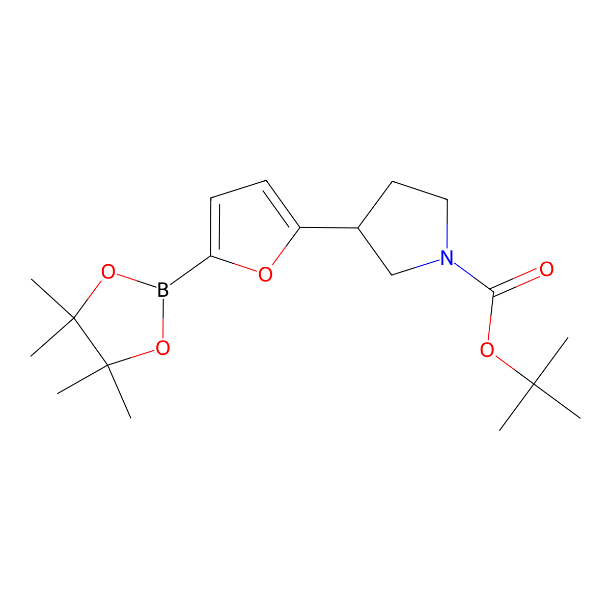 tert-Butyl 3-(5-(4,4,5,5-tetramethyl-1,3,2-dioxaborolan-2-yl)furan-2-yl)pyrrolidine-1-carboxylate molecular structure, CAS 2223006-81-1