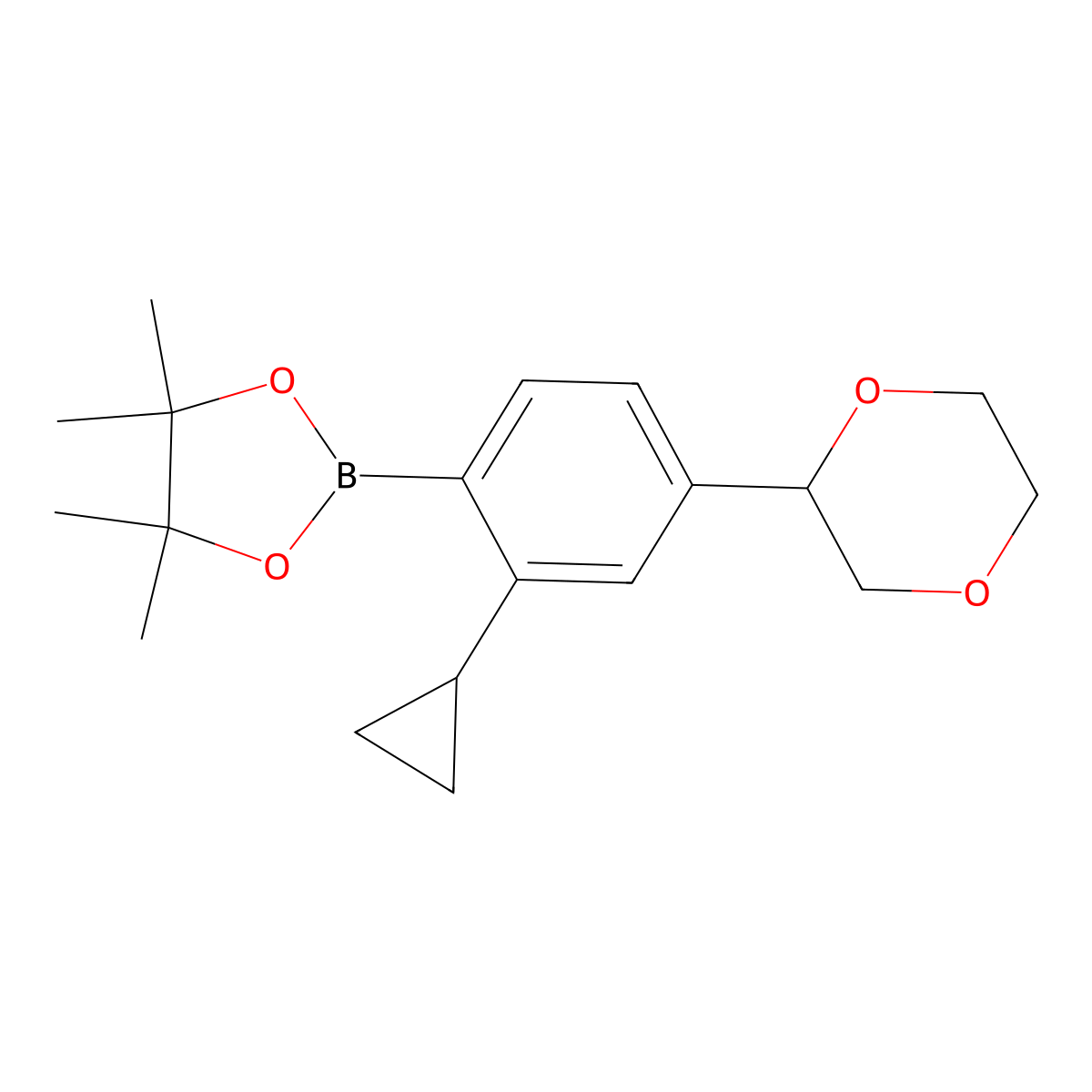 2-(2-Cyclopropyl-4-(1,4-dioxan-2-yl)phenyl)-4,4,5,5-tetramethyl-1,3,2-dioxaborolane molecular structure, CAS 2223006-84-4