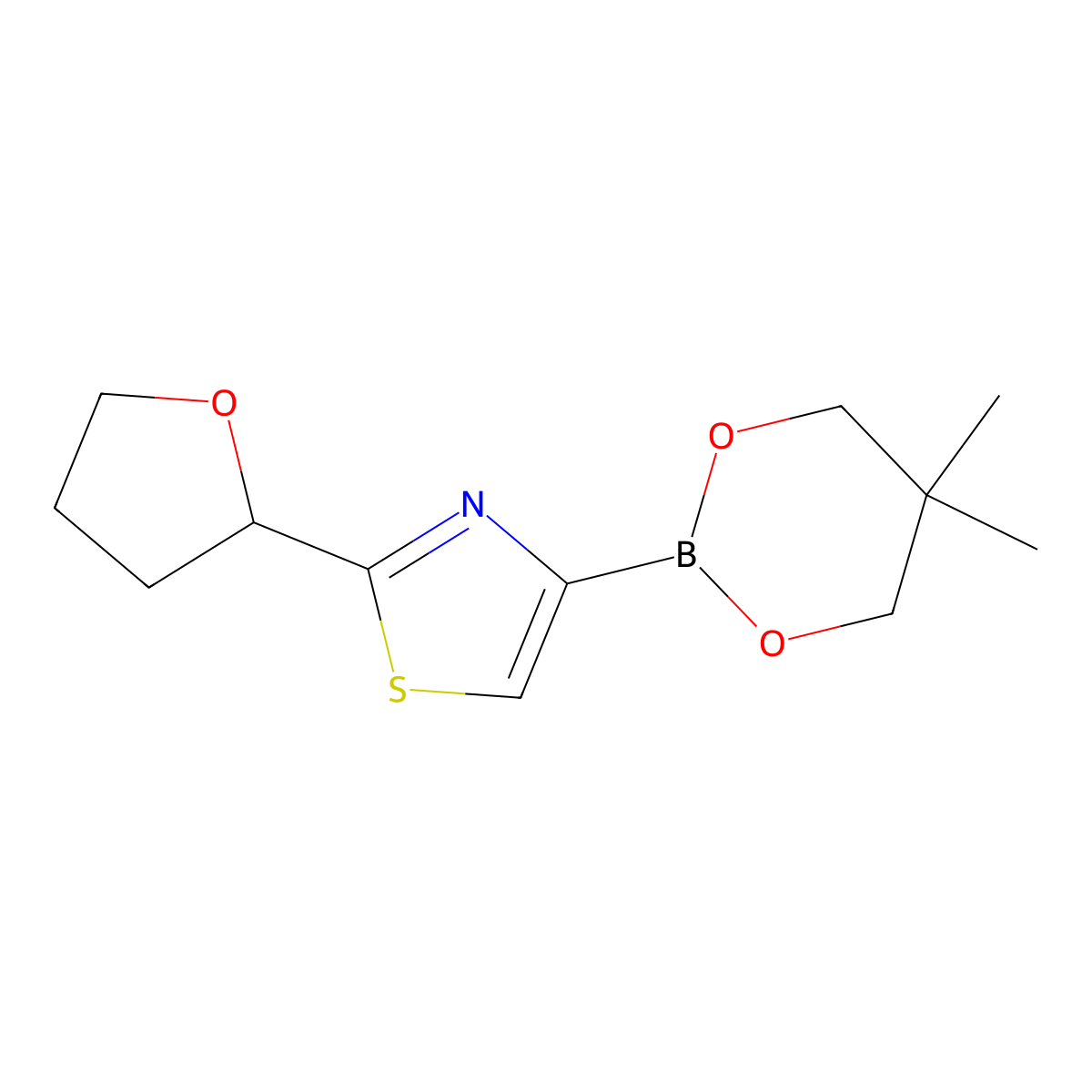 2-(Oxolan-2-yl)thiazole-4-boronic acid neopentylglycol ester molecular structure, CAS 2223006-86-6