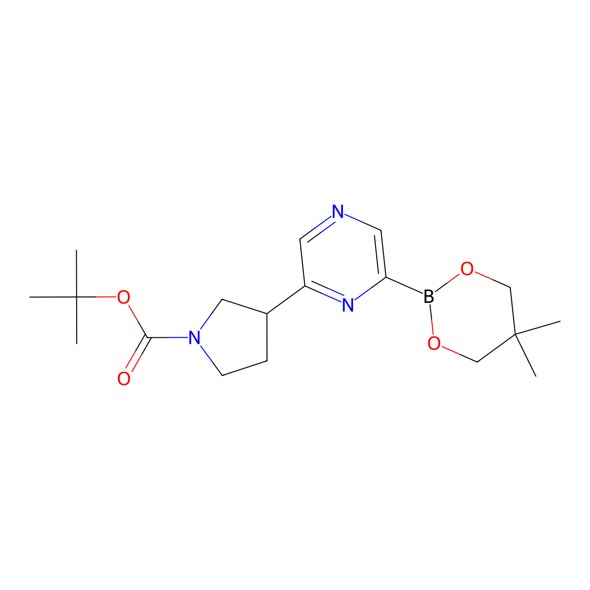 6-(N-Boc-pyrrolidin-3-yl)pyrazine-2-boronic acid neopentylglycol ester molecular structure, CAS 2223006-93-5
