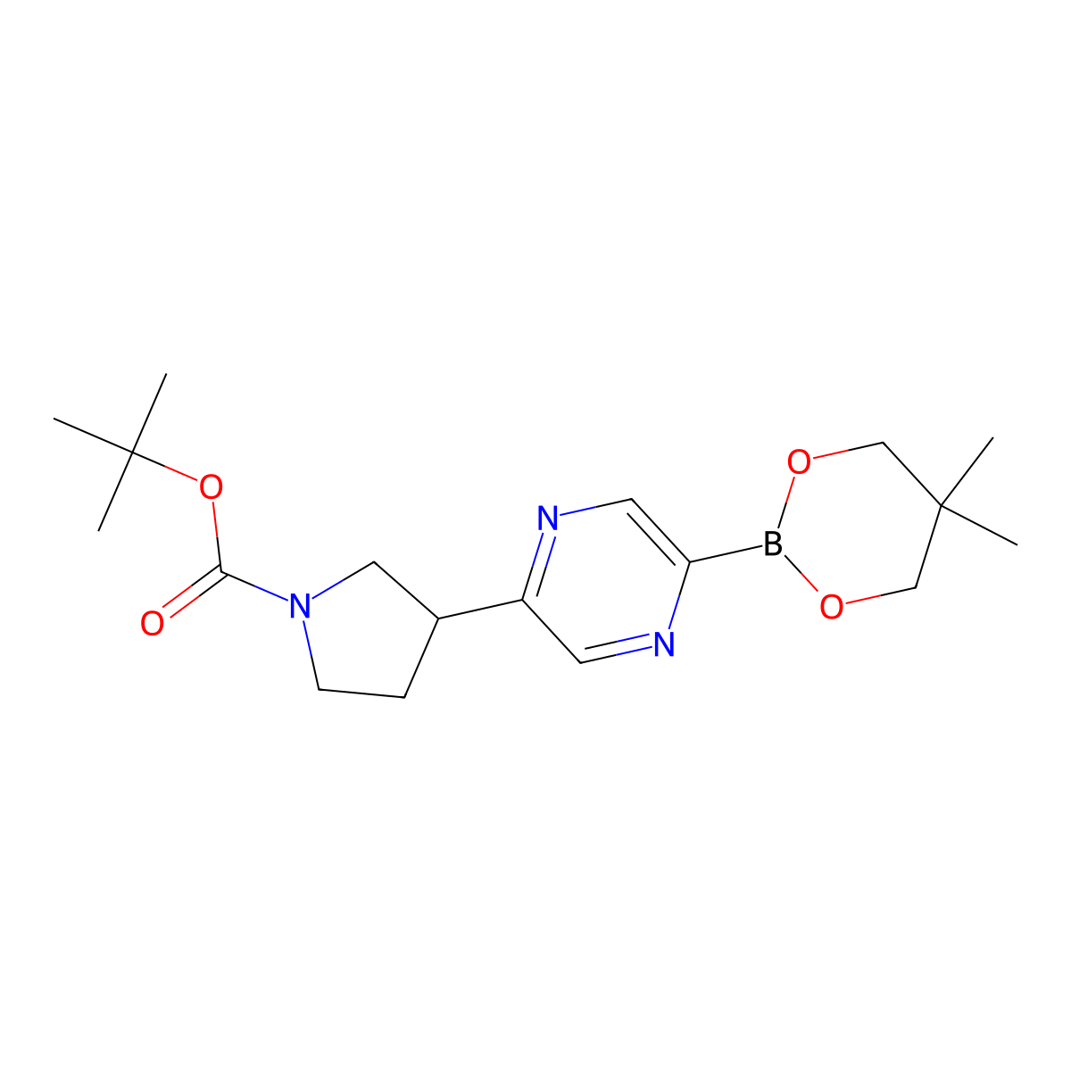 5-(N-Boc-Pyrrolidin-3-yl)pyrazine-2-boronic acid neopentylglycol ester molecular structure, CAS 2223007-01-8