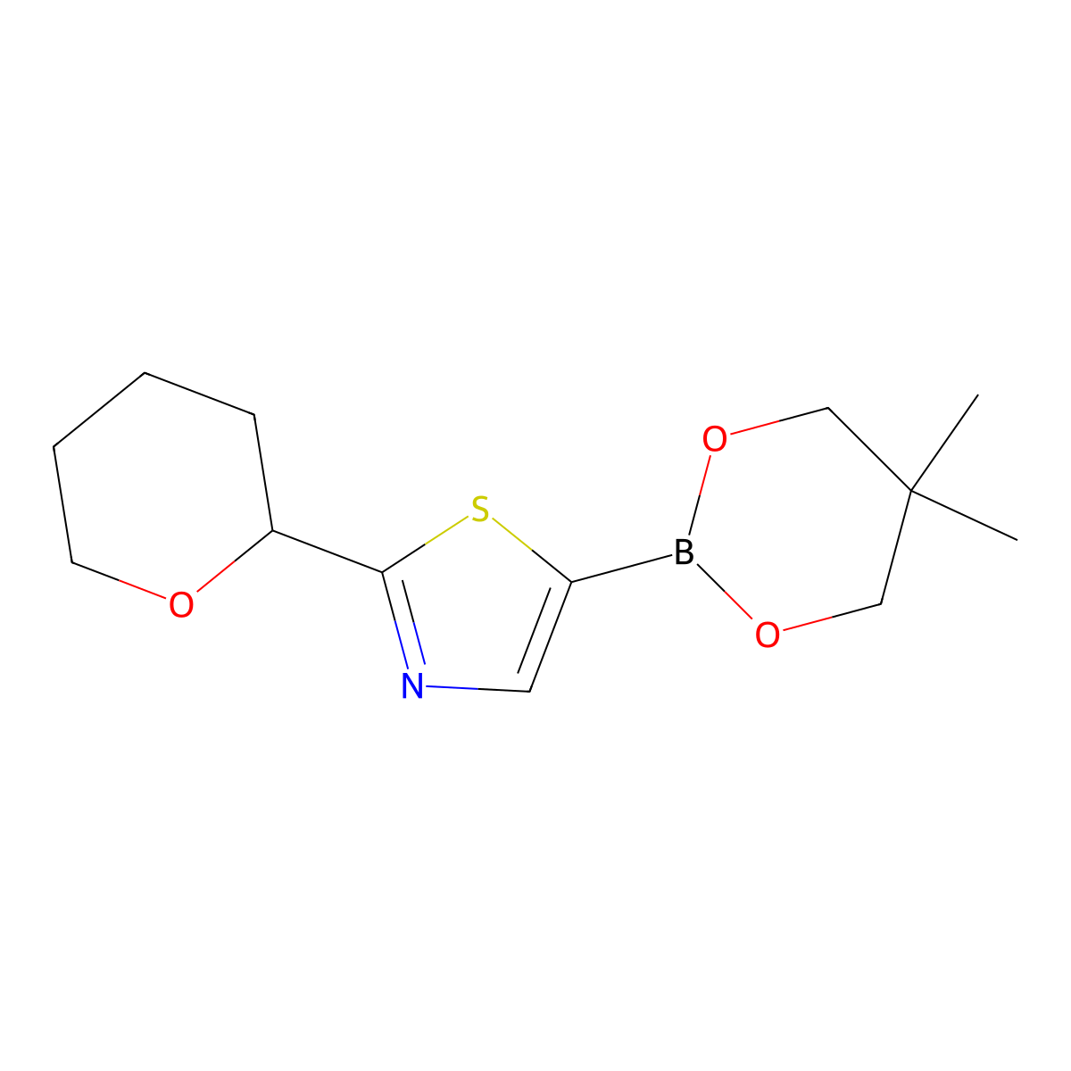 2-(Oxan-2-yl)thiazole-5-boronic acid neopentylglycol ester molecular structure, CAS 2223007-06-3