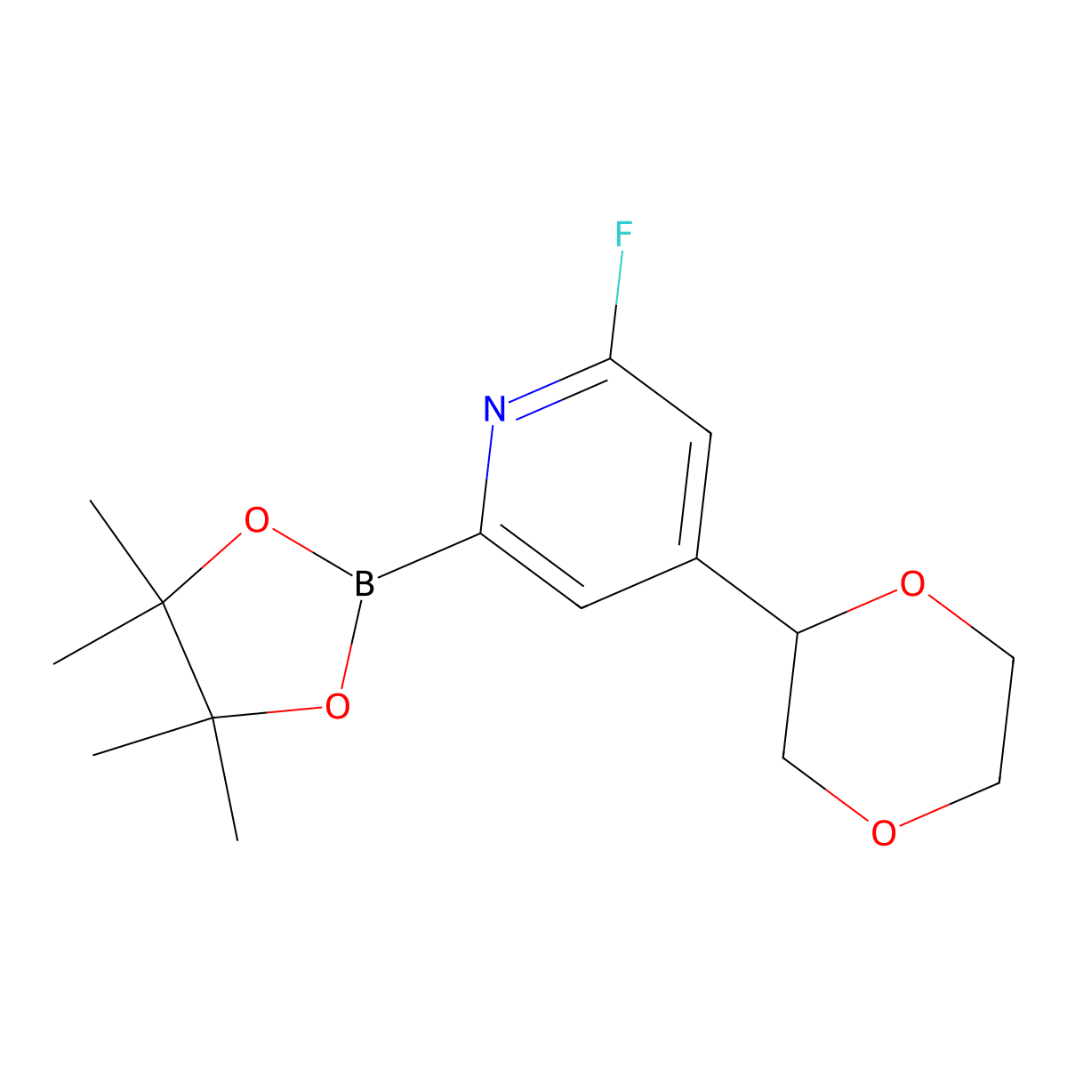 4-(1,4-Dioxan-2-yl)-2-fluoro-6-(4,4,5,5-tetramethyl-1,3,2-dioxaborolan-2-yl)pyridine molecular structure, CAS 2223007-10-9