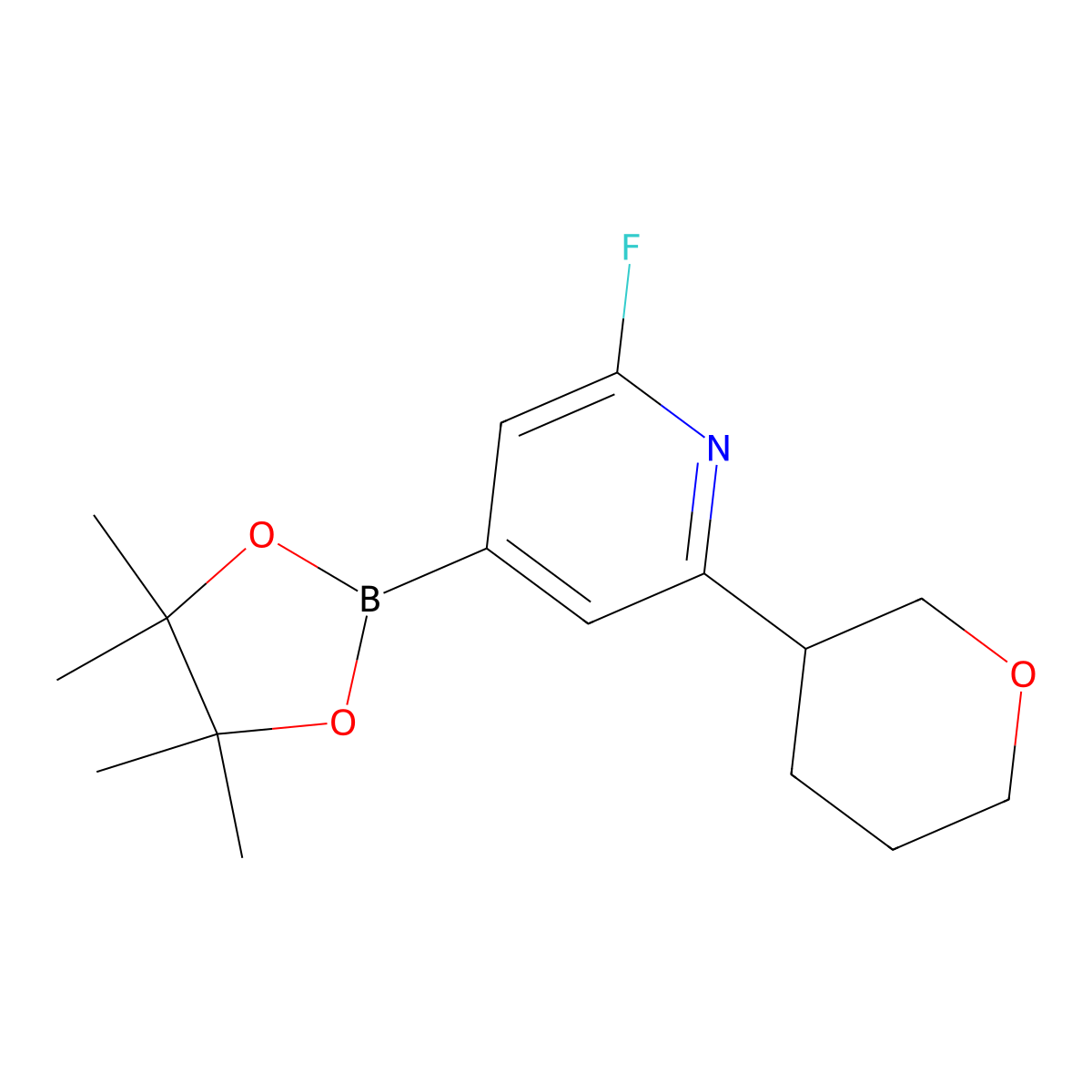 2-Fluoro-6-(oxan-3-yl)pyridine-4-boronic acid pinacol ester molecular structure, CAS 2223008-74-8