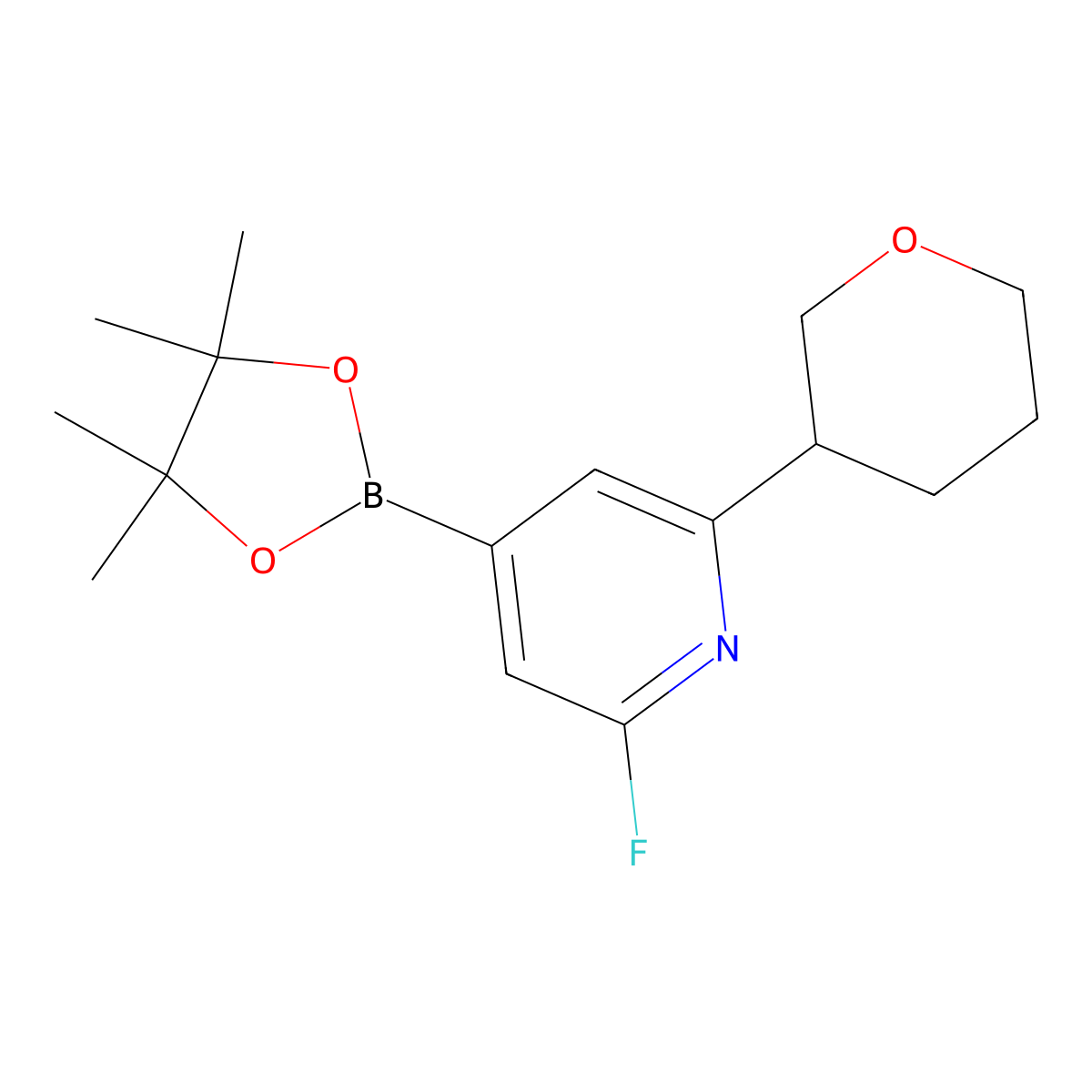2-Fluoro-6-(oxan-3-yl)pyridine-4-boronic acid pinacol ester molecular structure, CAS 2223008-74-8