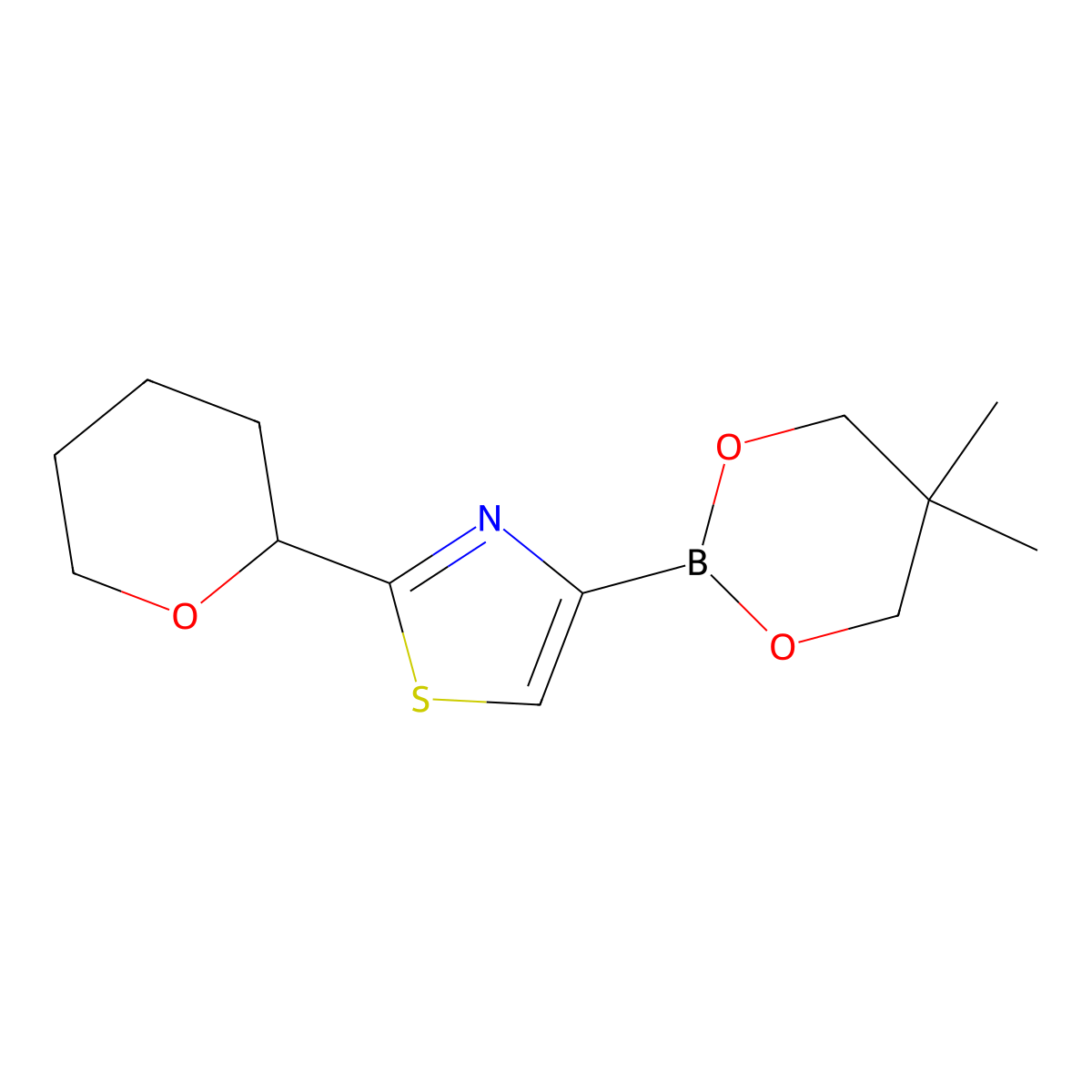 2-(Oxan-2-yl)thiazole-4-boronic acid neopentylglycol ester molecular structure, CAS 2223008-75-9