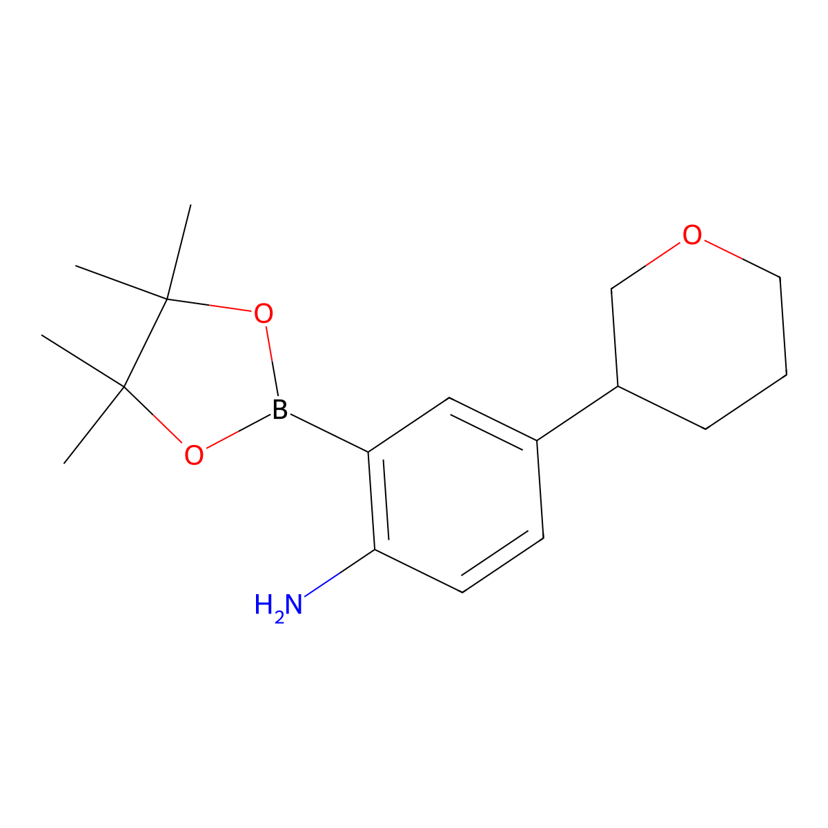 2-Amino-5-(oxan-3-yl)phenylboronic acid pinacol ester molecular structure, CAS 2223008-83-9
