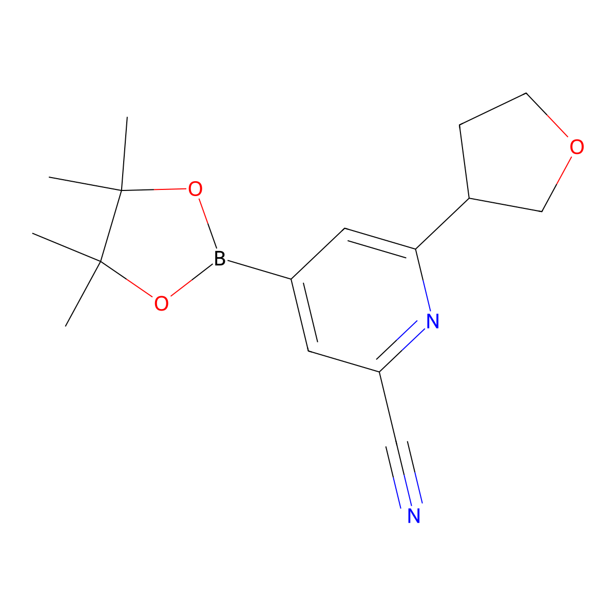 2-Cyano-6-(3-tetrahydrofuranyl)pyridine-4-boronic acid pinacol ester molecular structure, CAS 2223008-84-0