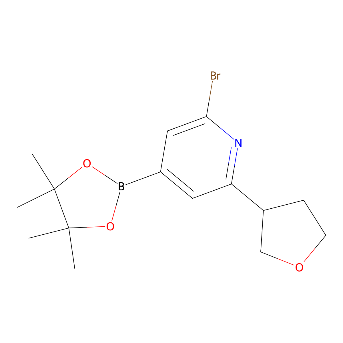 2-Bromo-6-(3-tetrahydrofuranyl)pyridine-4-boronic acid pinacol ester molecular structure, CAS 2223008-96-4