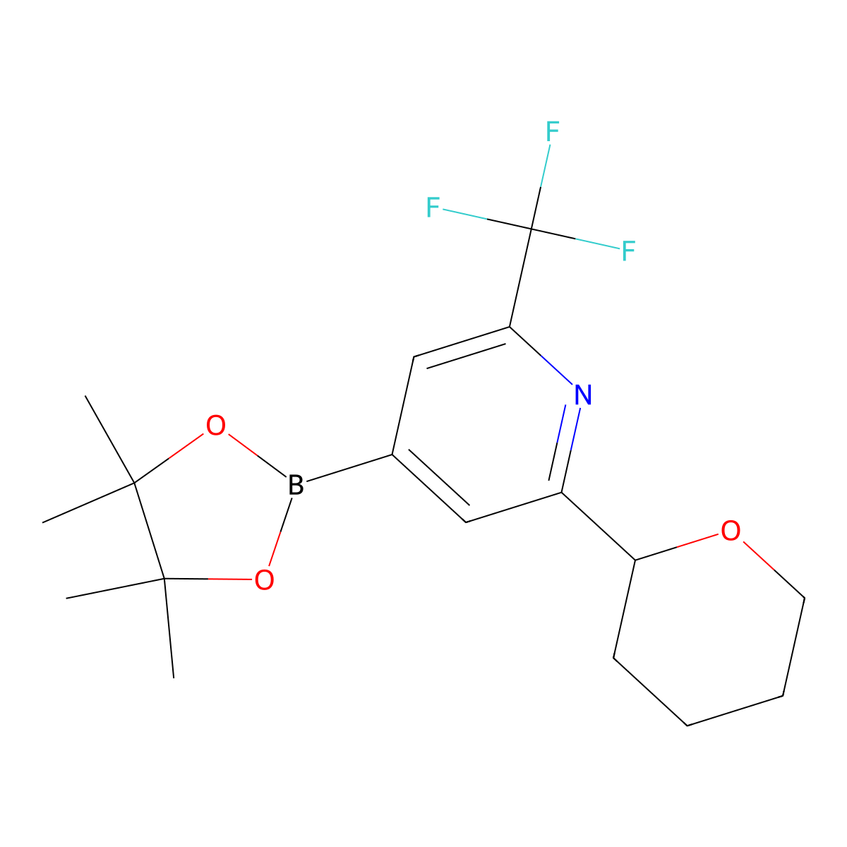 2-Trifluoromethyl-6-(oxan-2-yl)pyridine-4-boronic acid pinacol ester molecular structure, CAS 2223008-97-5