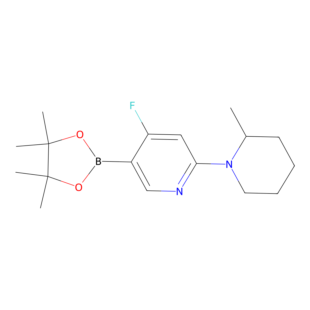 4-Fluoro-2-(2-methylpiperidin-1-yl)pyridine-5-boronic acid pinacol ester molecular structure, CAS 2223009-00-3