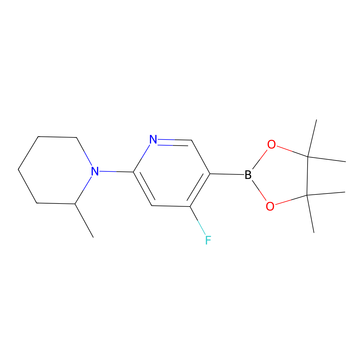 4-Fluoro-2-(2-methylpiperidin-1-yl)pyridine-5-boronic acid pinacol ester molecular structure, CAS 2223009-00-3