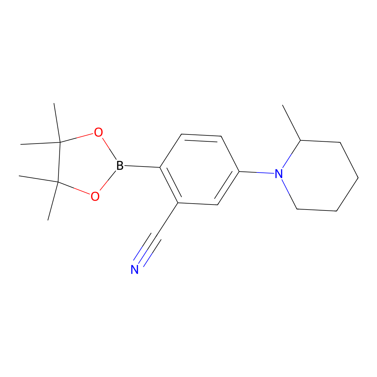 2-Cyano-4-(2-methylpiperidin-1-yl)phenylboronic acid pinacol ester molecular structure, CAS 2223009-05-8