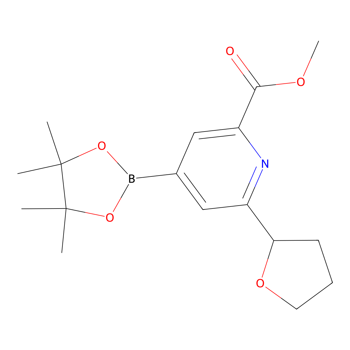 2-Methoxycarbonyl-6-(Oxolan-2-yl)pyridine-4-boronic acid pinacol ester molecular structure, CAS 2223009-06-9