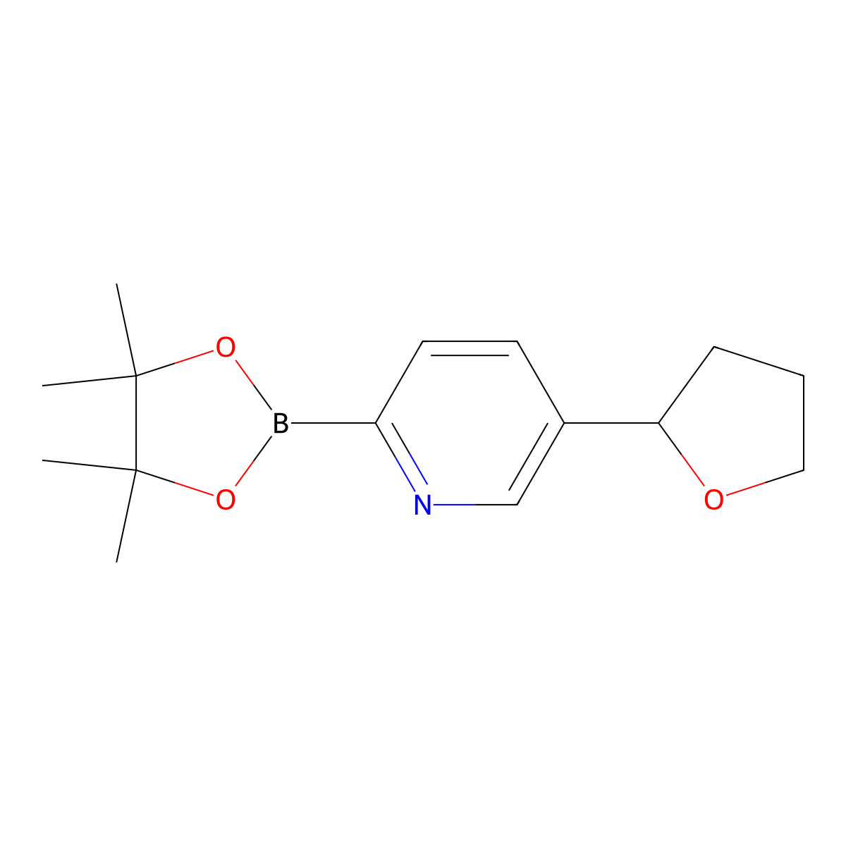 5-(Tetrahydrofuran-2-yl)-2-(4,4,5,5-tetramethyl-1,3,2-dioxaborolan-2-yl)pyridine molecular structure, CAS 2223009-19-4