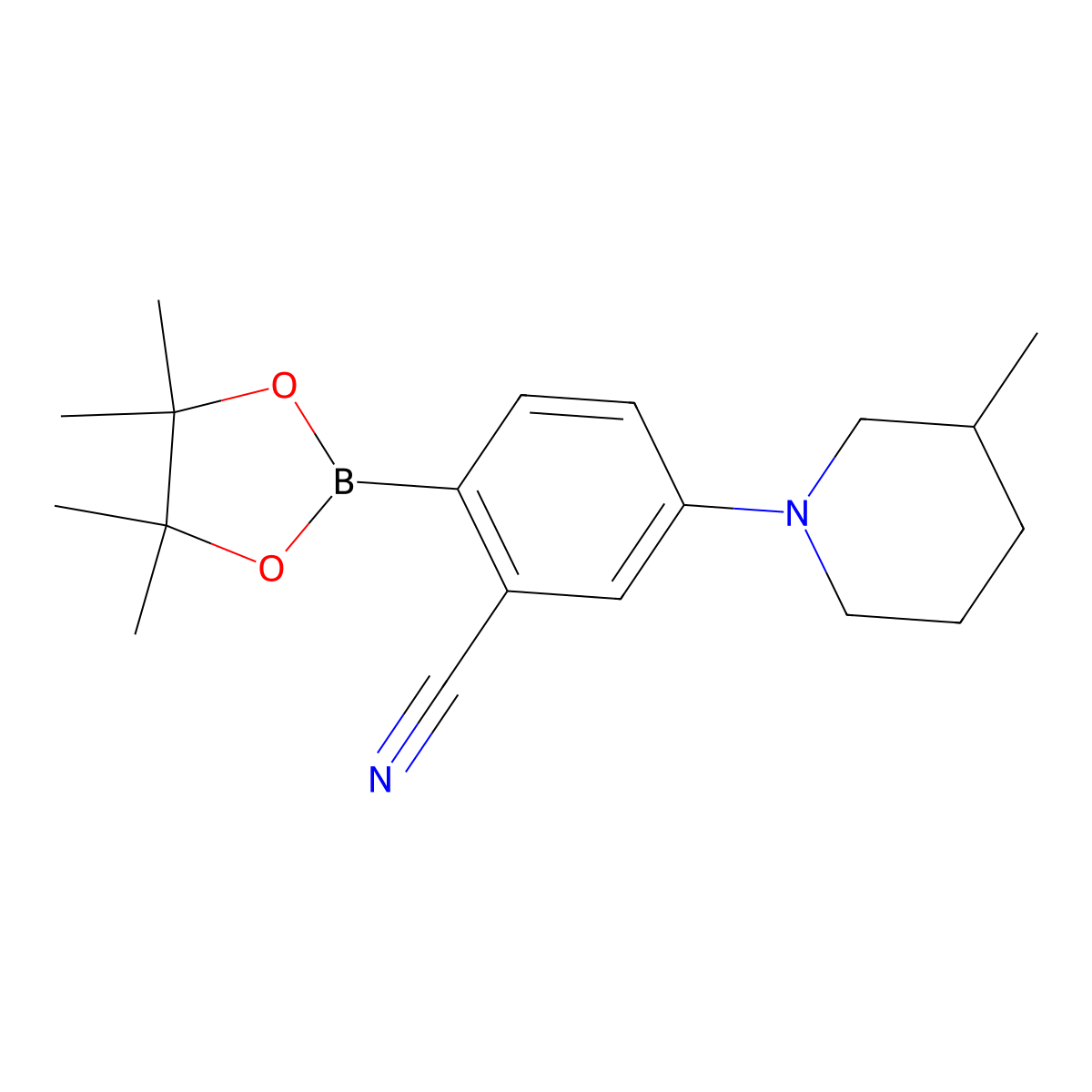 2-Cyano-4-(3-methylpiperidin-1-yl)phenylboronic acid pinacol ester molecular structure, CAS 2223009-29-6