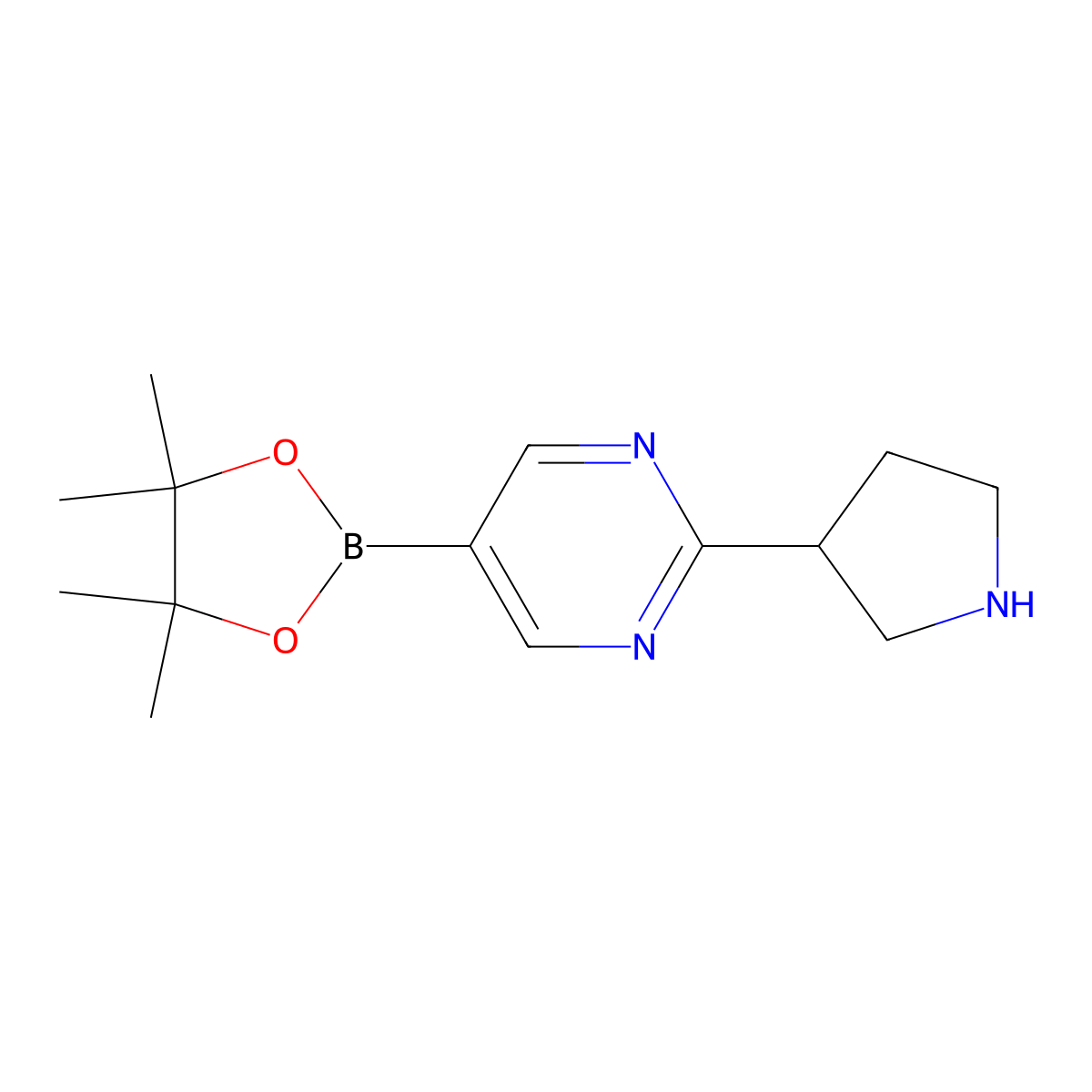 2-(Pyrrolidin-3-yl)pyrimidine-5-boronic acid pinacol ester molecular structure, CAS 2223009-40-1