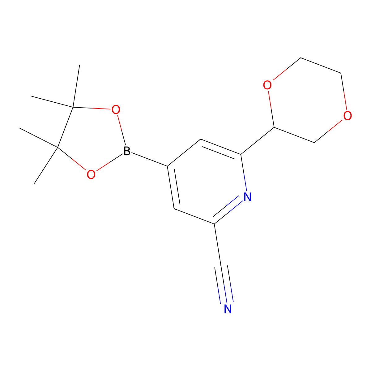 2-Cyano-6-(1,4-dioxan-2-yl)pyridine-4-boronic acid pinacol ester molecular structure, CAS 2223009-43-4