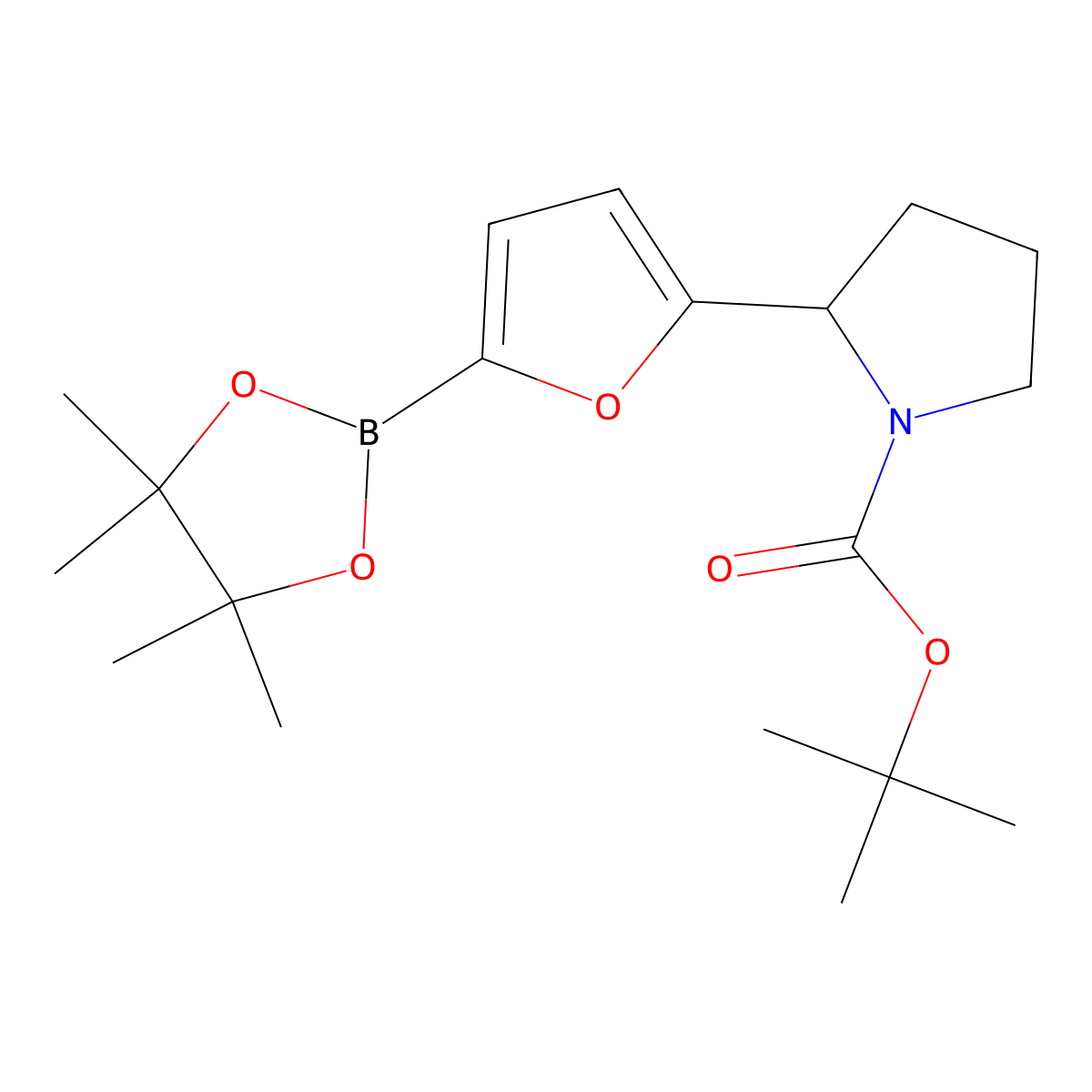 Tert-butyl 2-(5-(4,4,5,5-tetramethyl-1,3,2-dioxaborolan-2-yl)furan-2-yl)pyrrolidine-1-carboxylate molecular structure, CAS 2223009-45-6