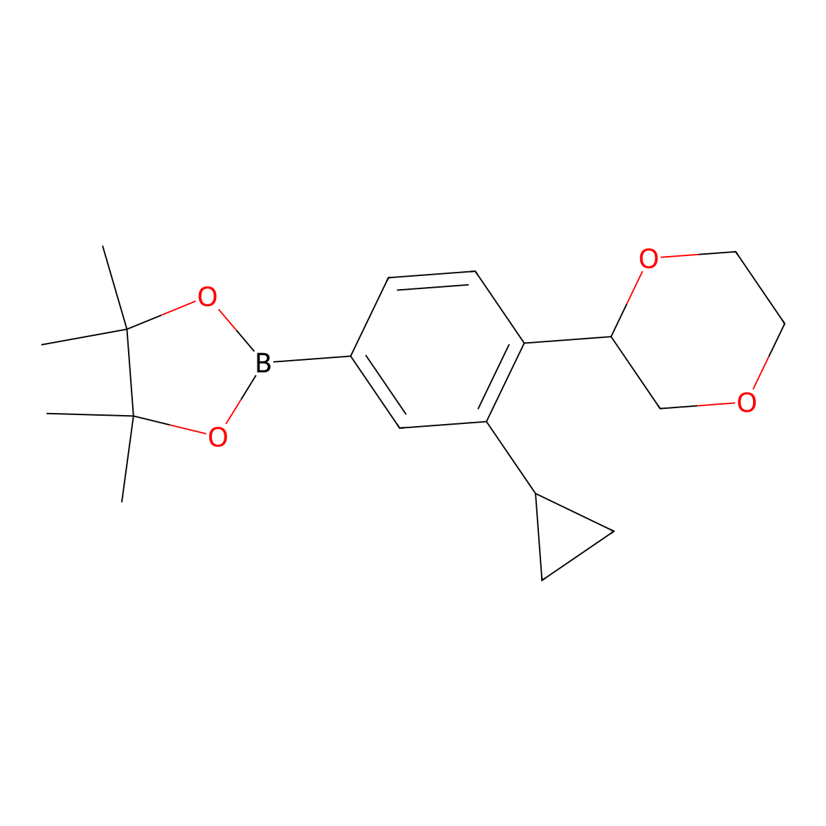 2-(3-Cyclopropyl-4-(1,4-dioxan-2-yl)phenyl)-4,4,5,5-tetramethyl-1,3,2-dioxaborolane molecular structure, CAS 2223009-48-9