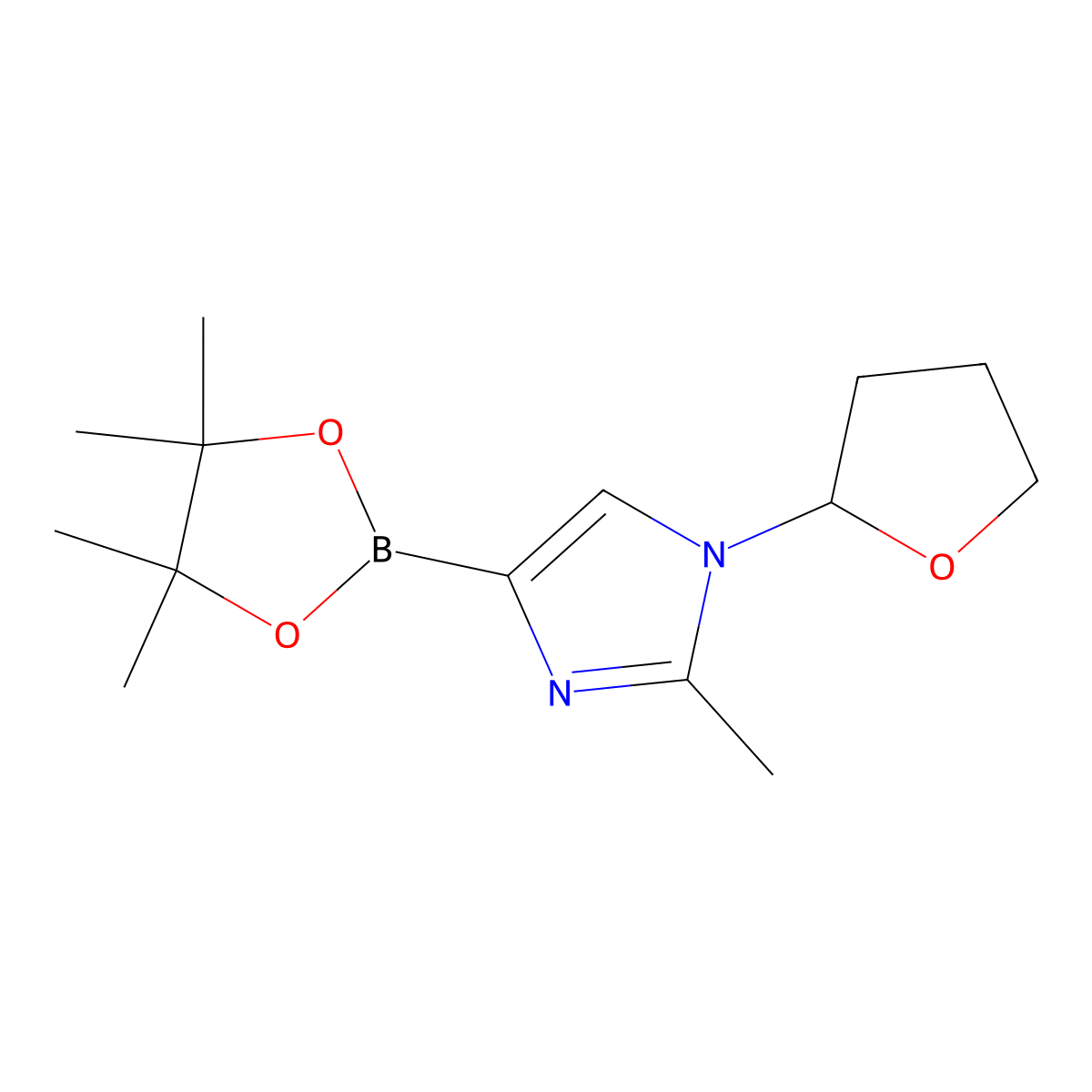 2-methyl-1-(tetrahydrofuran-2-yl)-4-(4,4,5,5-tetramethyl-1,3,2-dioxaborolan-2-yl)-1H-imidazole molecular structure, CAS 2223009-53-6