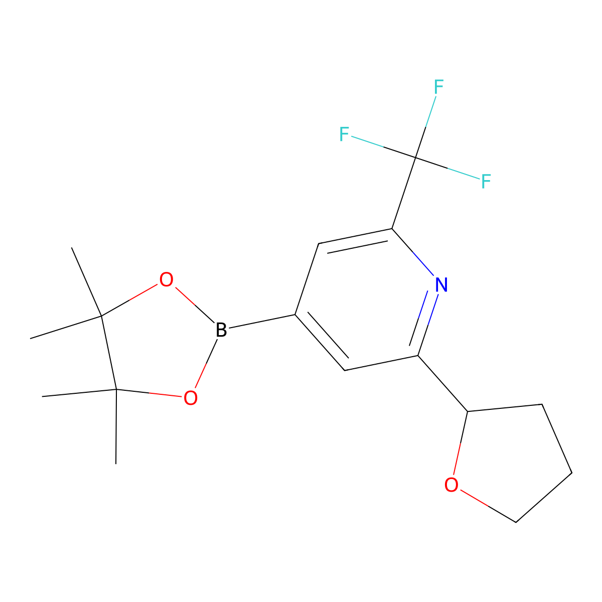 2-Trifluoromethyl-6-(Oxolan-2-yl)pyridine-4-boronic acid pinacol ester molecular structure, CAS 2223009-65-0
