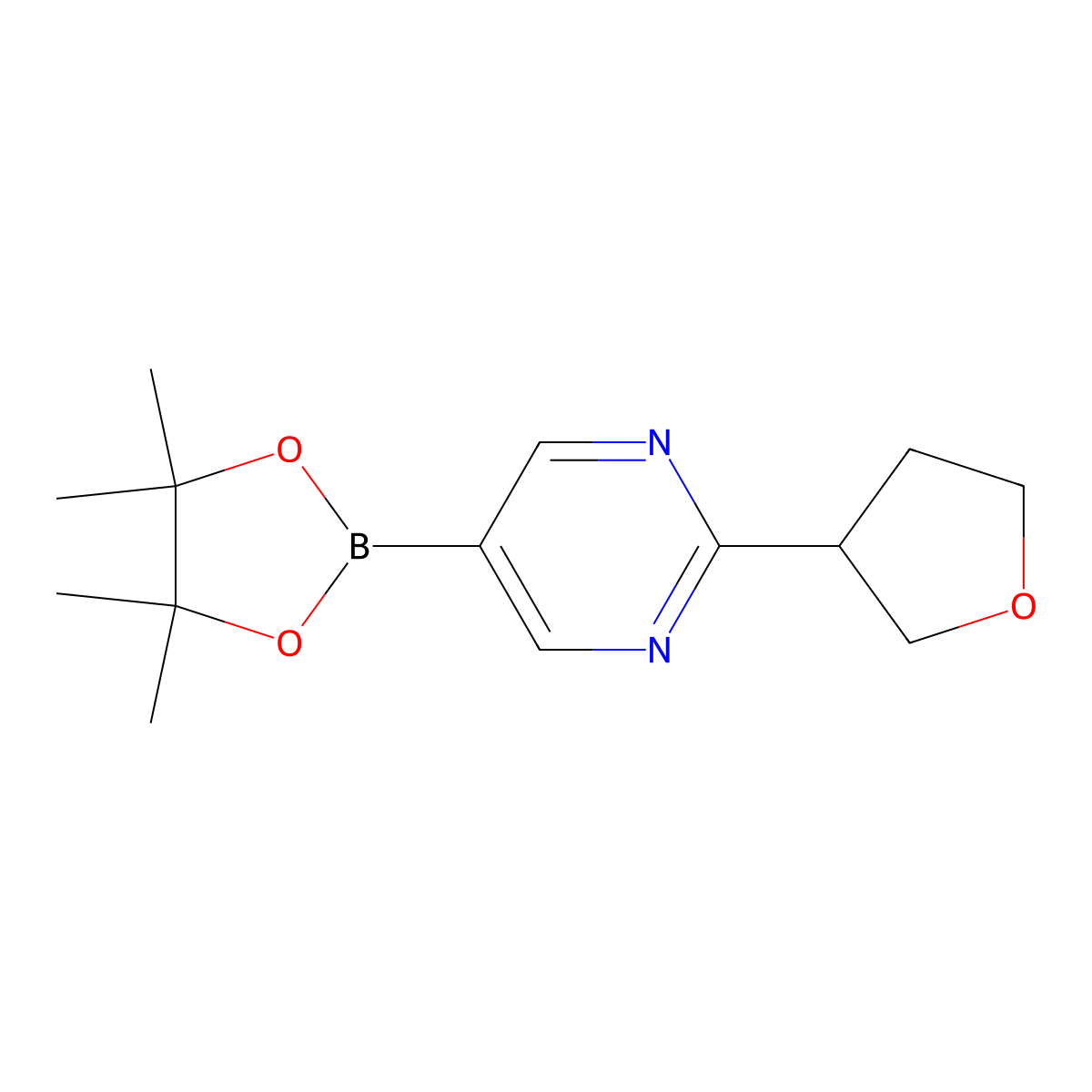 2-(Tetrahydrofuran-3-yl)-5-(4,4,5,5-tetramethyl-1,3,2-dioxaborolan-2-yl)pyrimidine molecular structure, CAS 2223009-67-2