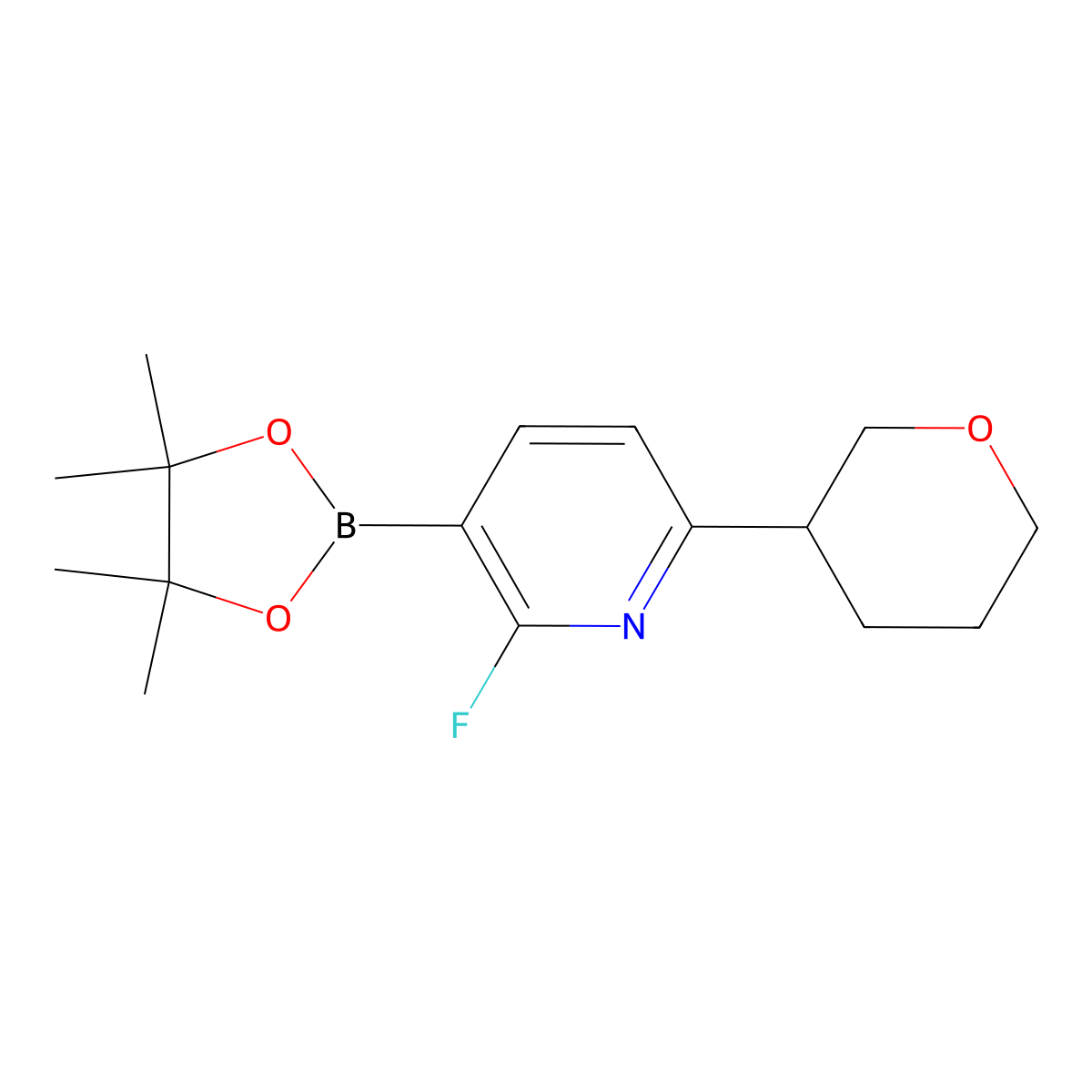 2-Fluoro-6-(oxan-3-yl)pyridine-3-boronic acid pinacol ester molecular structure, CAS 2223009-68-3