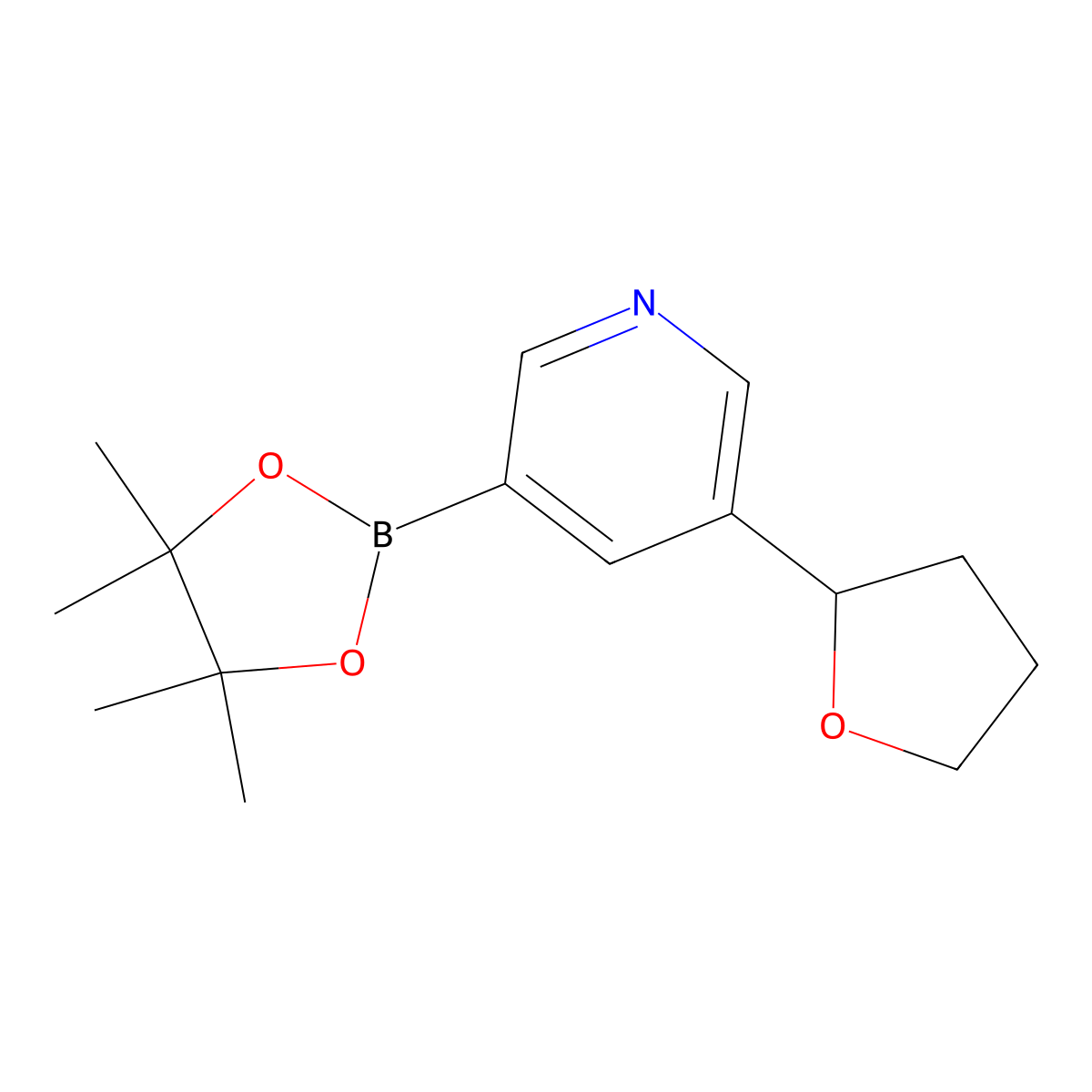 3-(Tetrahydrofuran-2-yl)-5-(4,4,5,5-tetramethyl-1,3,2-dioxaborolan-2-yl)pyridine molecular structure, CAS 2223009-72-9