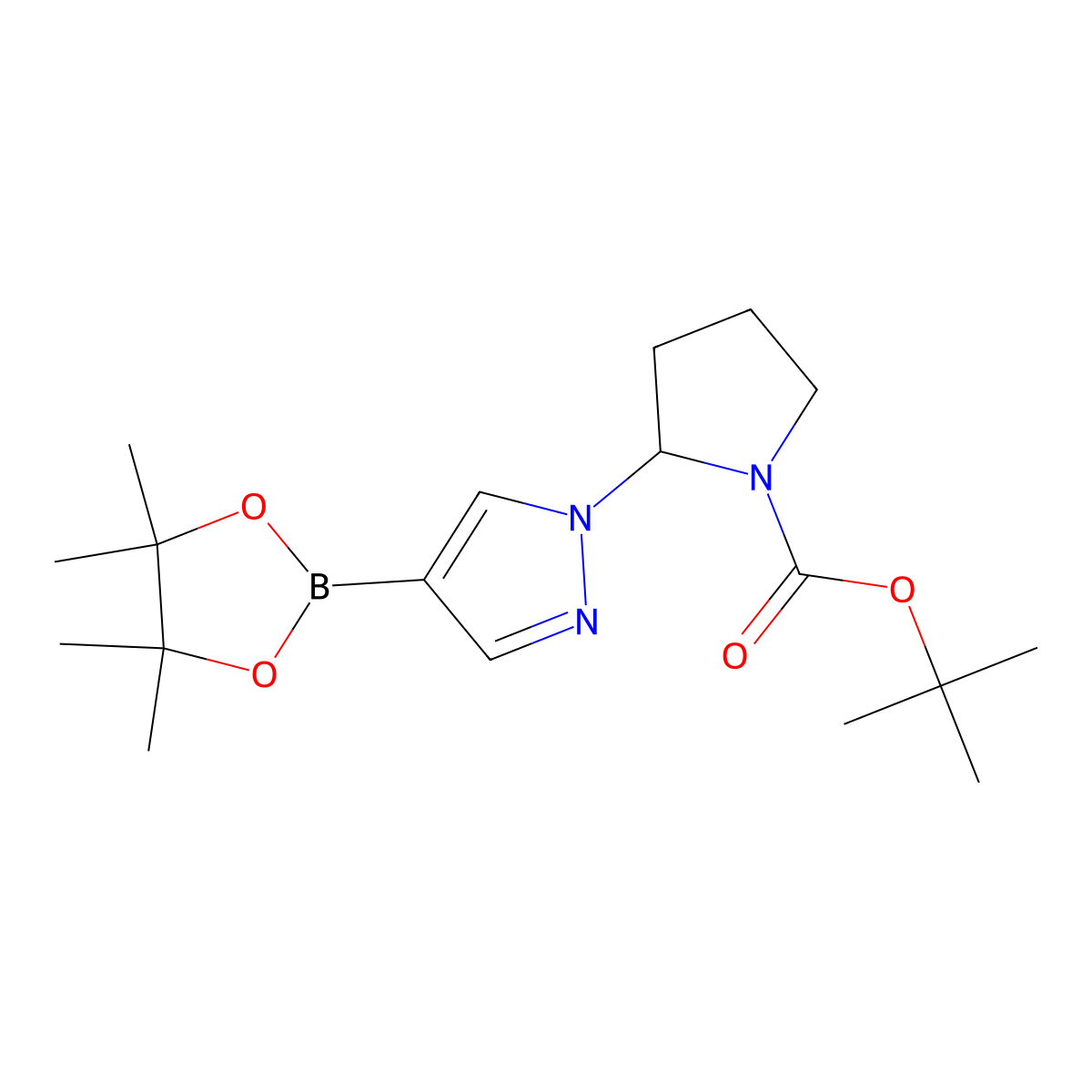 tert-butyl 2-(4-(4,4,5,5-tetramethyl-1,3,2-dioxaborolan-2-yl)-1H-pyrazol-1-yl)pyrrolidine-1-carboxylate molecular structure, CAS 2223009-84-3