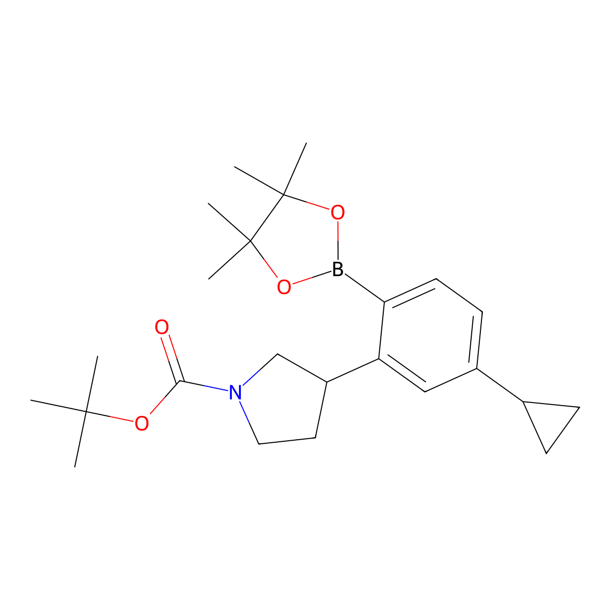 Tert-butyl 3-(5-cyclopropyl-2-(4,4,5,5-tetramethyl-1,3,2-dioxaborolan-2-yl)phenyl)pyrrolidine-1-carboxylate molecular structure, CAS 2223009-90-1