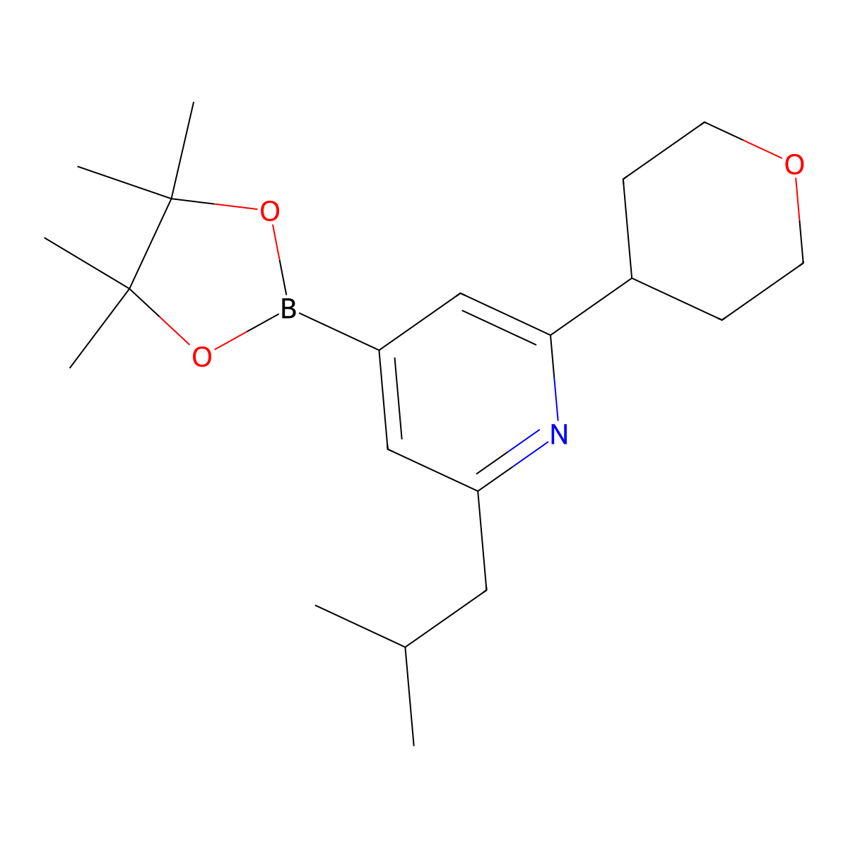 2-(iso-Butyl)-6-(oxan-4-yl)pyridine-4-boronic acid pinacol ester molecular structure, CAS 2223011-56-9