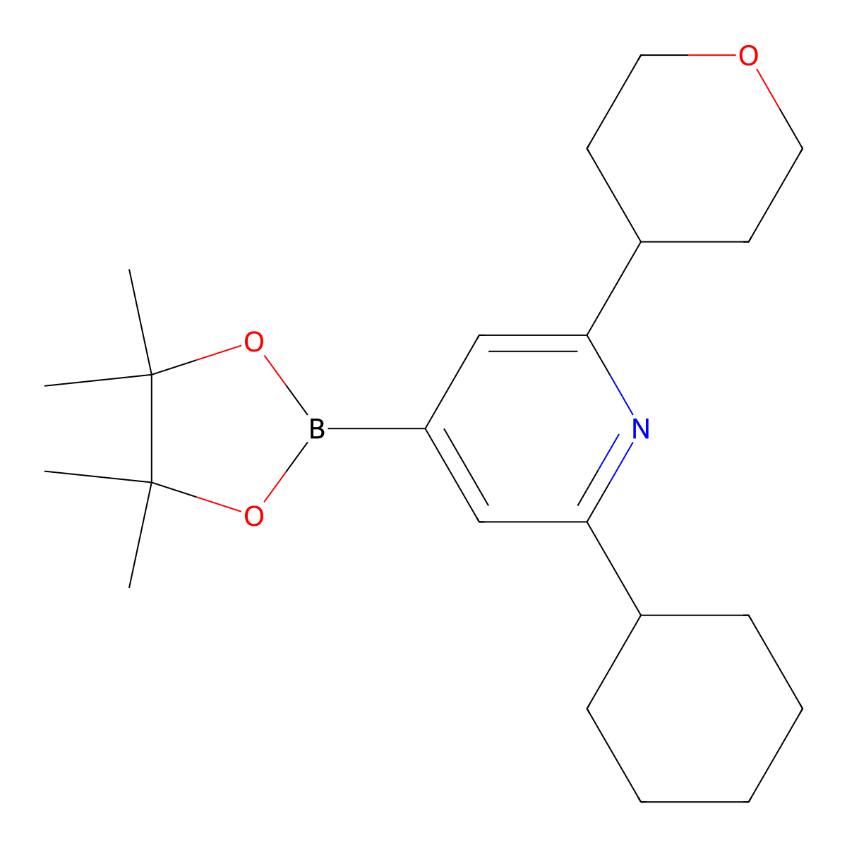 2-Cyclohexyl-6-(oxan-4-yl)pyridine-4-boronic acid pinacol ester molecular structure, CAS 2223011-64-9